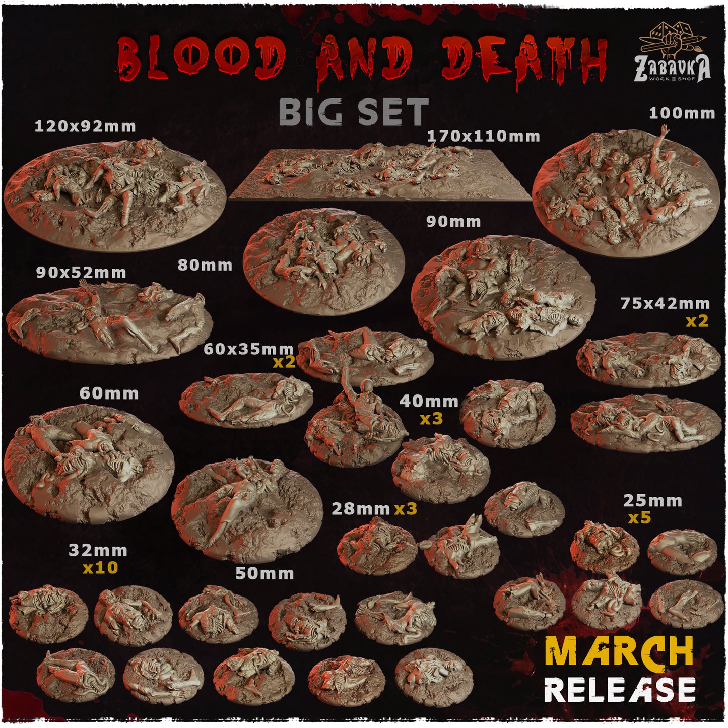 BASES - Blood and Death themed for wargames and tabletop thirteen sizes available by zabavka workshop