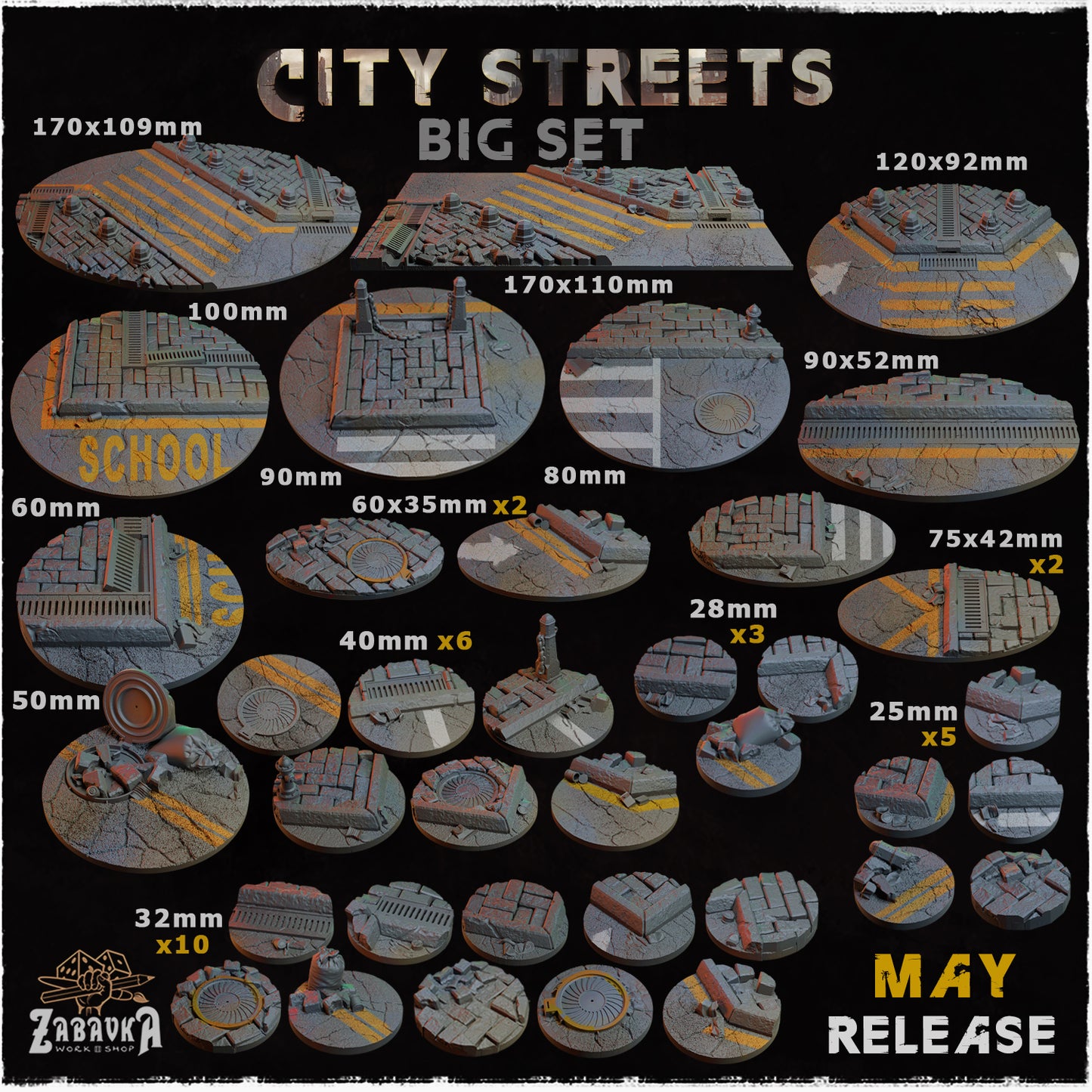 BASES - City Streets themed for wargames and tabletop thirteen sizes available by zabavka workshop