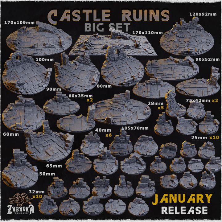 BASES - Castle Ruins - themed for wargames and tabletop thirteen sizes available by zabavka workshop
