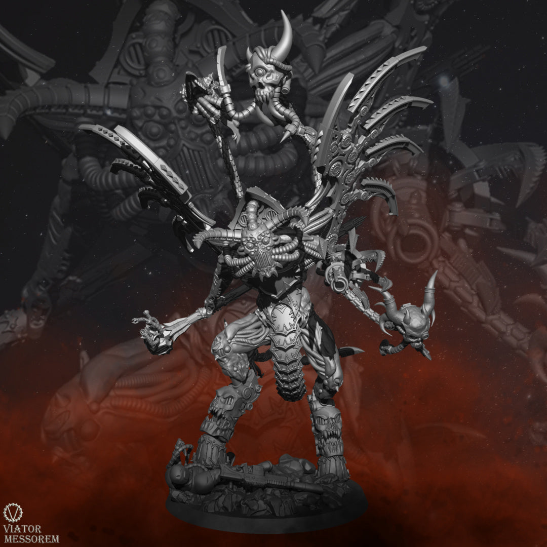 With metallic-bladed wings and a horned visage, Angstmorn exudes an otherworldly malevolence. In his hands, he wields a blacksmith's hammer for infernal craftsmanship and a machine claw with a built-in flame weapon for devastation.