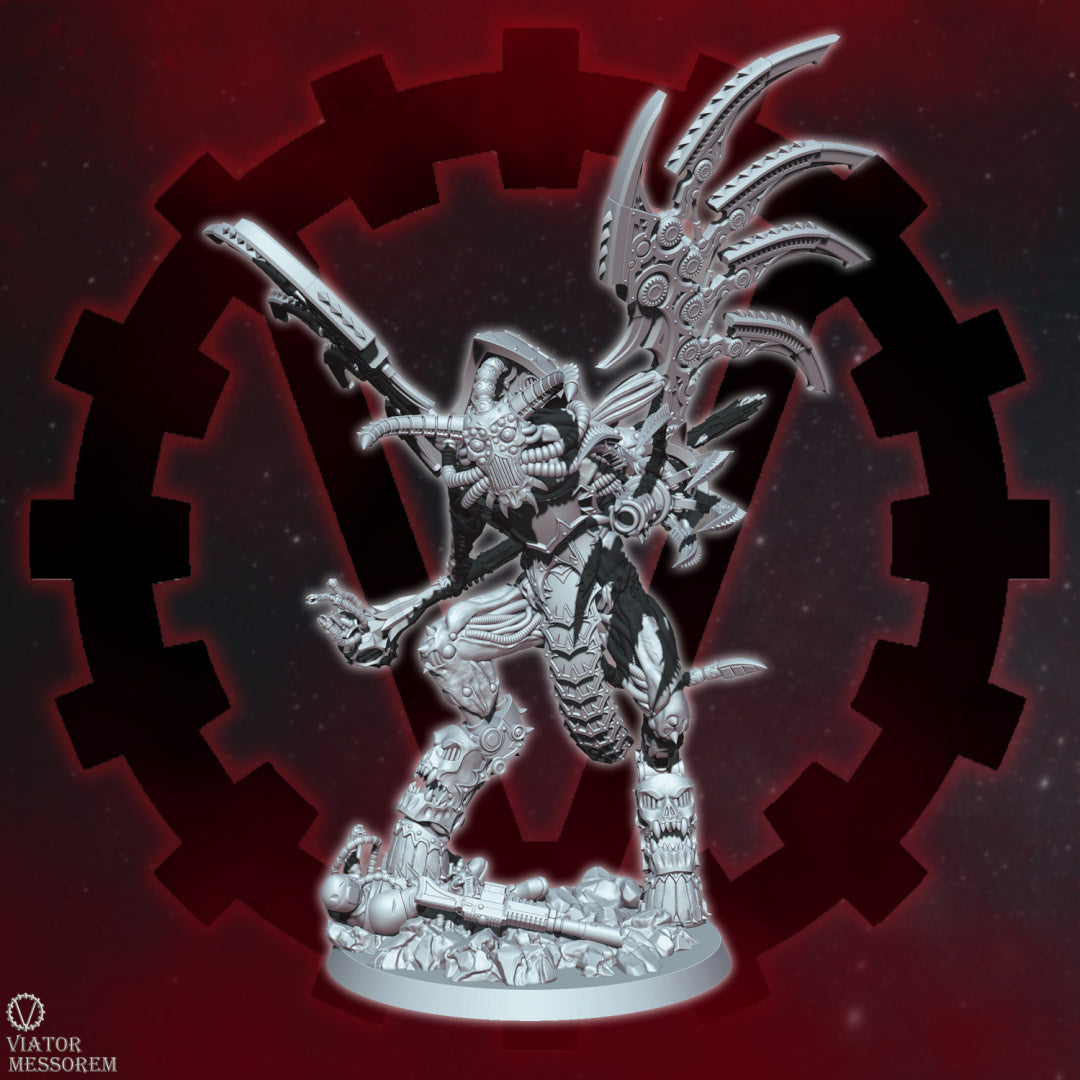With metallic-bladed wings and a horned visage, Angstmorn exudes an otherworldly malevolence. In his hands, he wields a blacksmith's hammer for infernal craftsmanship and a machine claw with a built-in flame weapon for devastation.
