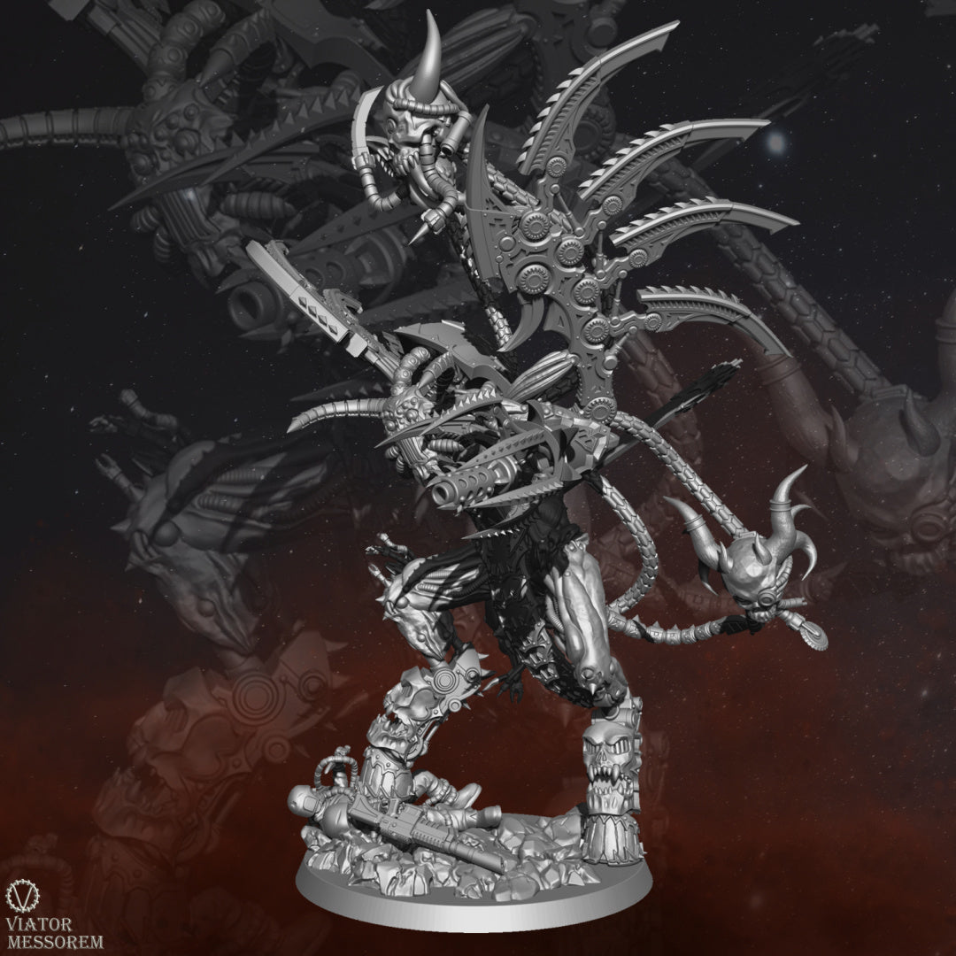 With metallic-bladed wings and a horned visage, Angstmorn exudes an otherworldly malevolence. In his hands, he wields a blacksmith's hammer for infernal craftsmanship and a machine claw with a built-in flame weapon for devastation.