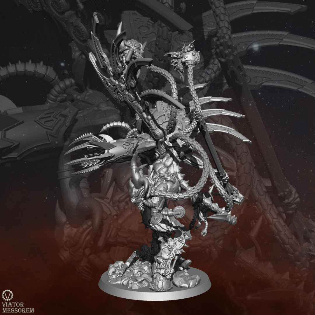 With metallic-bladed wings and a horned visage, Angstmorn exudes an otherworldly malevolence. In his hands, he wields a blacksmith's hammer for infernal craftsmanship and a machine claw with a built-in flame weapon for devastation.