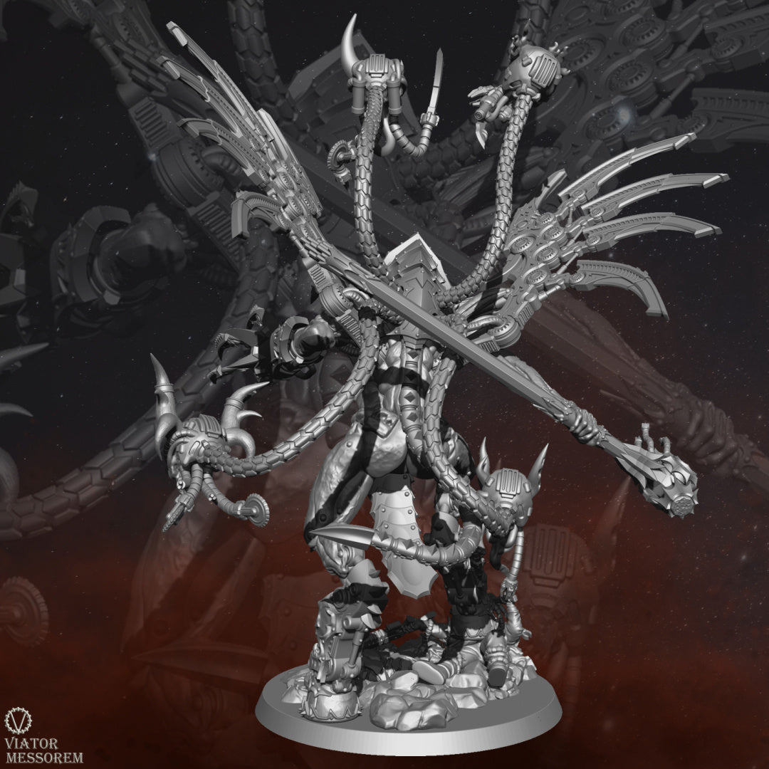 With metallic-bladed wings and a horned visage, Angstmorn exudes an otherworldly malevolence. In his hands, he wields a blacksmith's hammer for infernal craftsmanship and a machine claw with a built-in flame weapon for devastation.