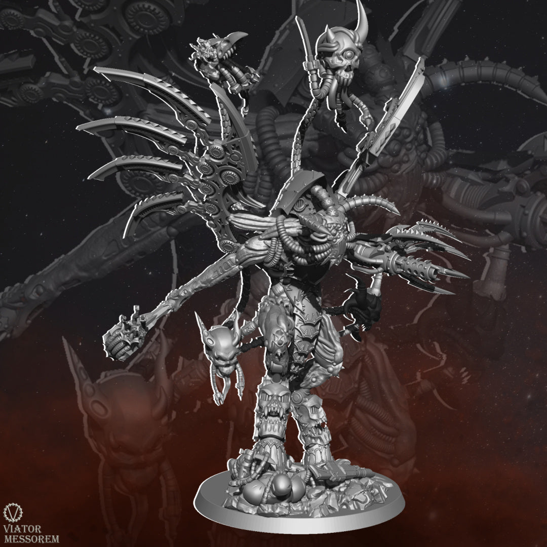 With metallic-bladed wings and a horned visage, Angstmorn exudes an otherworldly malevolence. In his hands, he wields a blacksmith's hammer for infernal craftsmanship and a machine claw with a built-in flame weapon for devastation.
