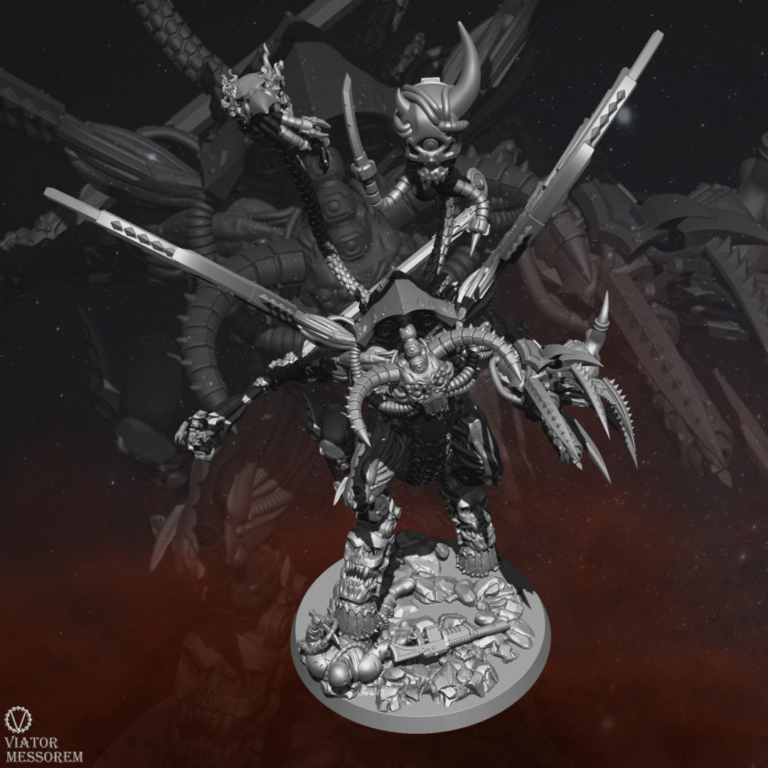 With metallic-bladed wings and a horned visage, Angstmorn exudes an otherworldly malevolence. In his hands, he wields a blacksmith's hammer for infernal craftsmanship and a machine claw with a built-in flame weapon for devastation.