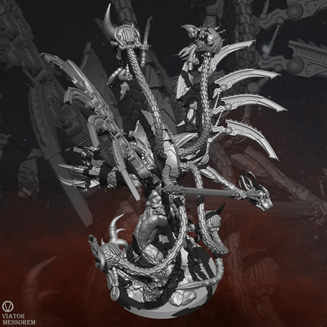 With metallic-bladed wings and a horned visage, Angstmorn exudes an otherworldly malevolence. In his hands, he wields a blacksmith's hammer for infernal craftsmanship and a machine claw with a built-in flame weapon for devastation.