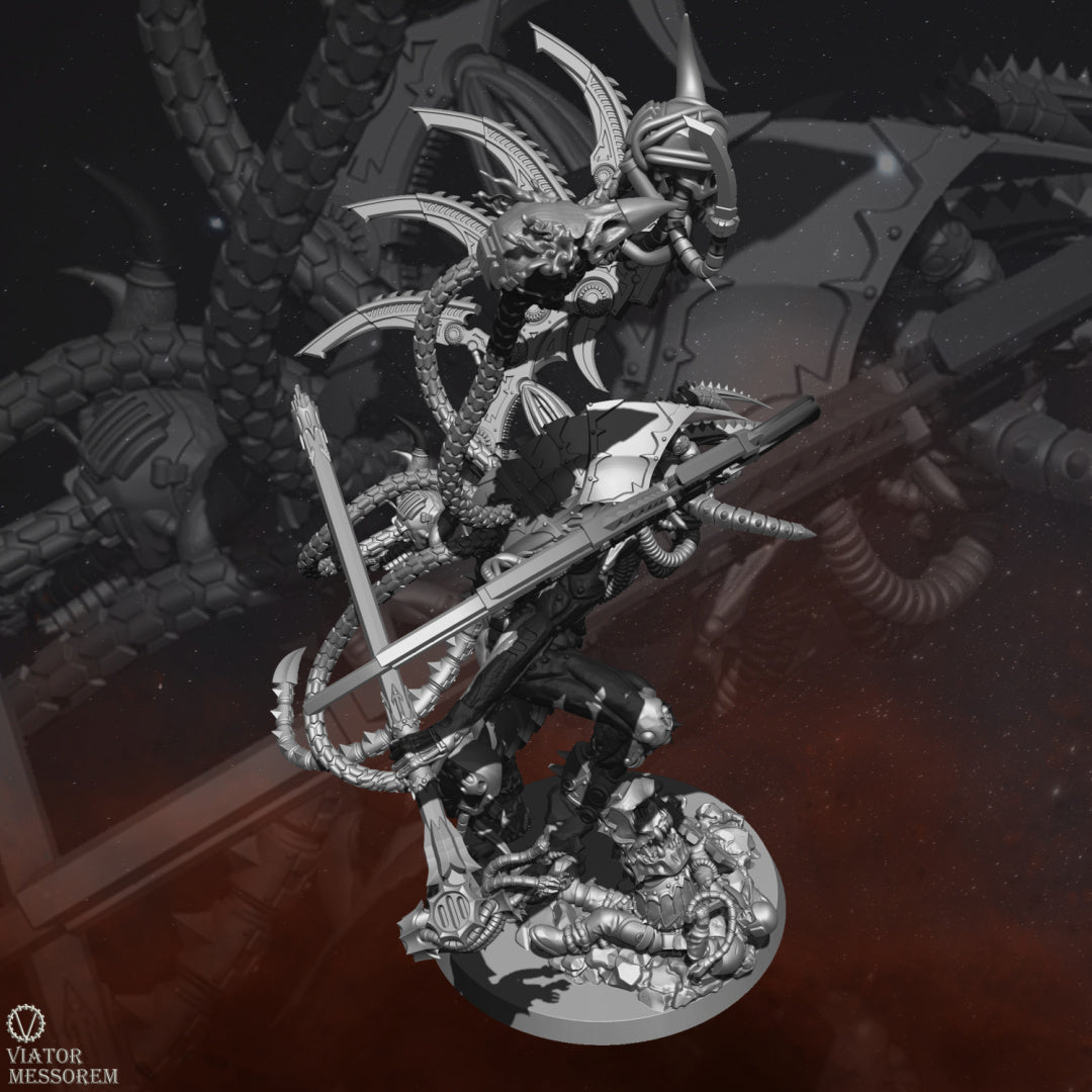 With metallic-bladed wings and a horned visage, Angstmorn exudes an otherworldly malevolence. In his hands, he wields a blacksmith's hammer for infernal craftsmanship and a machine claw with a built-in flame weapon for devastation.