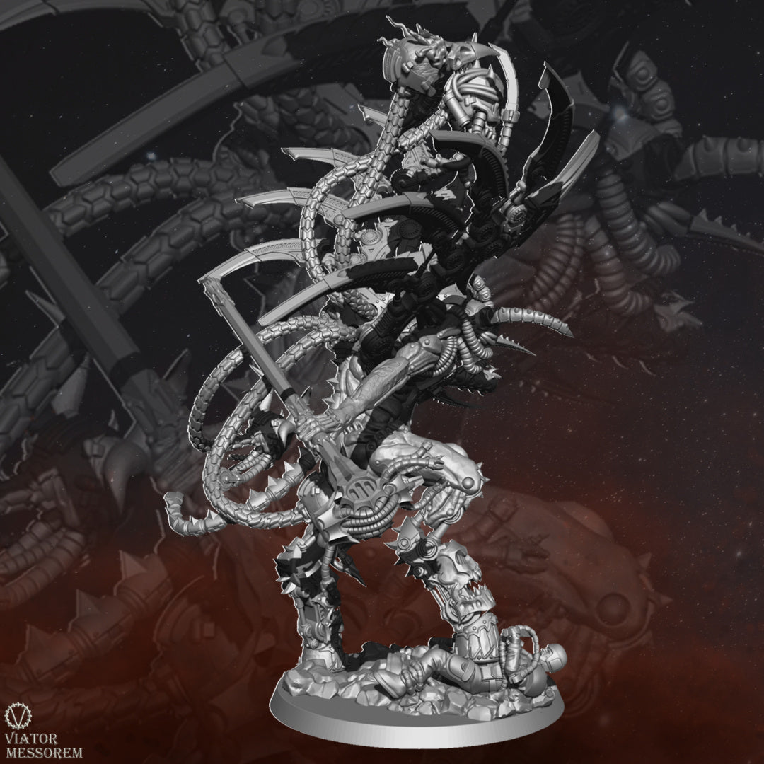 With metallic-bladed wings and a horned visage, Angstmorn exudes an otherworldly malevolence. In his hands, he wields a blacksmith's hammer for infernal craftsmanship and a machine claw with a built-in flame weapon for devastation.