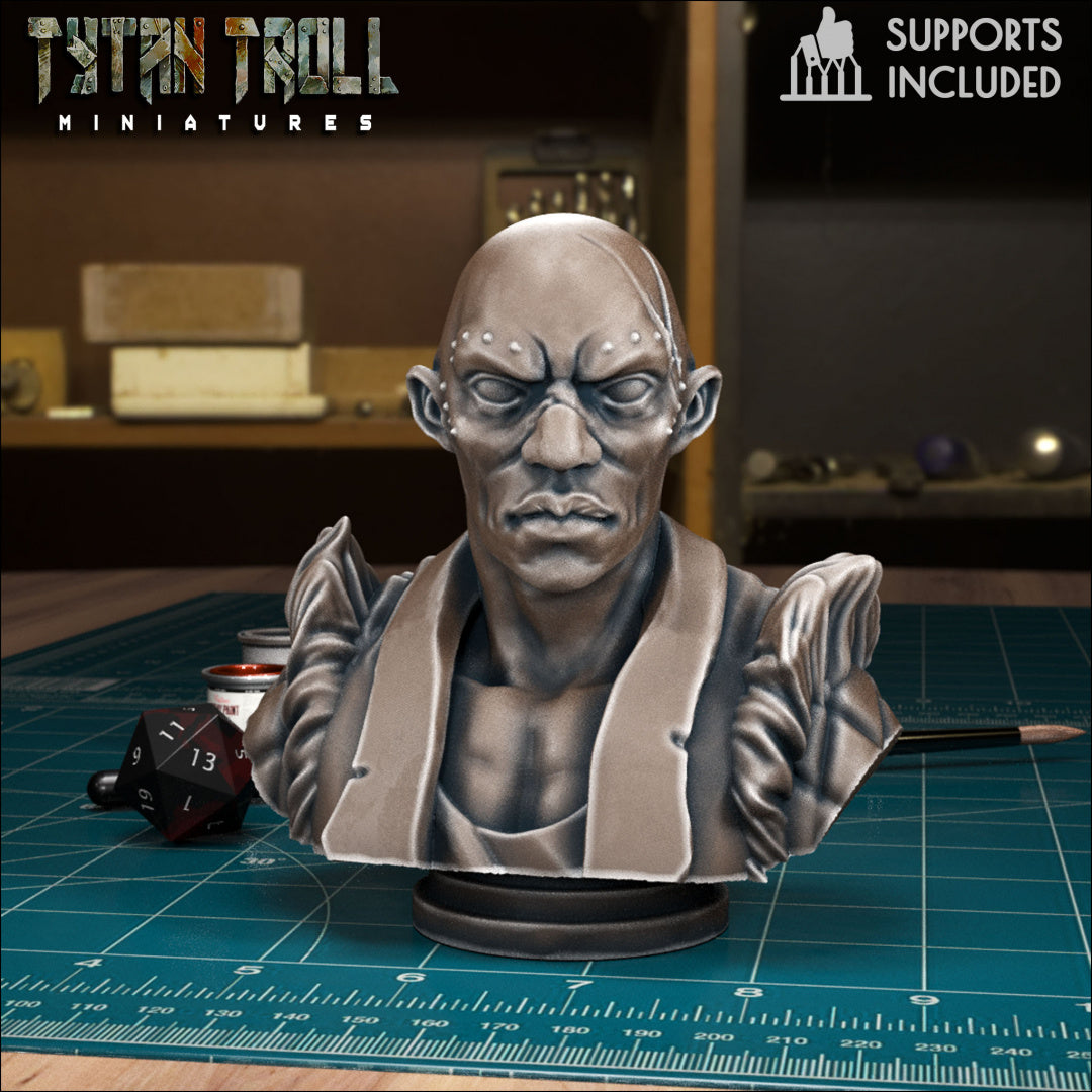 Bust. Bald and fierce, Emil Toranescu bears a gnarled scar on his head, tribal markings around his eyes. Clad in a fur-lined, padded jacket.