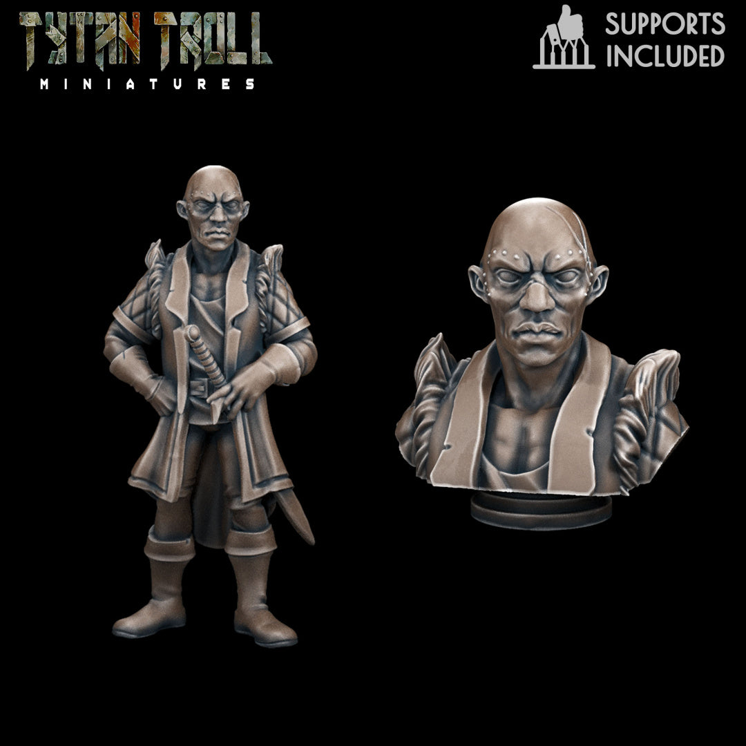 Bald and fierce, Emil Toranescu bears a gnarled scar on his head, tribal markings around his eyes. Clad in a fur-lined, padded jacket and tall leather boots, his hands rest on the crossguard of a sheathed sword at his belt.