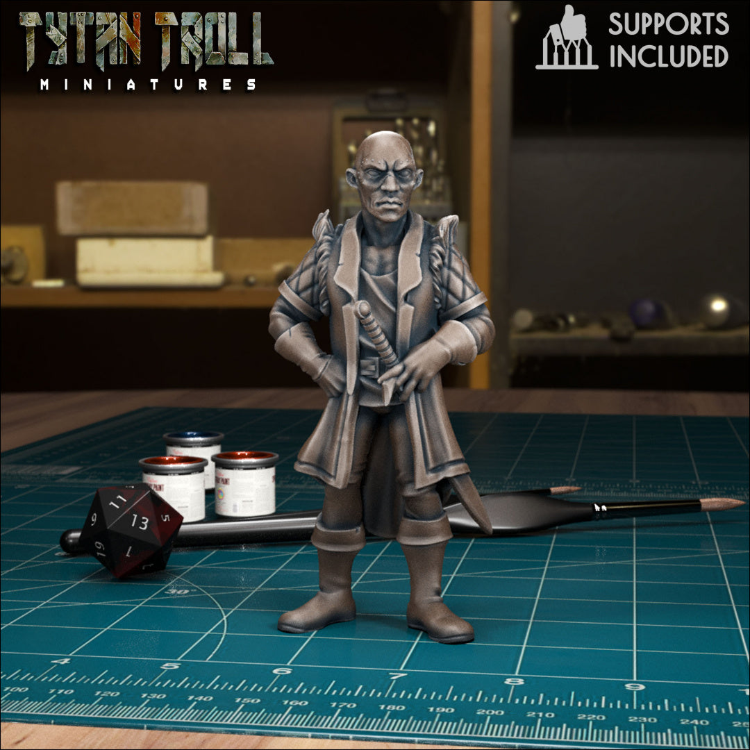 Bald and fierce, Emil Toranescu bears a gnarled scar on his head, tribal markings around his eyes. Clad in a fur-lined, padded jacket and tall leather boots, his hands rest on the crossguard of a sheathed sword at his belt.