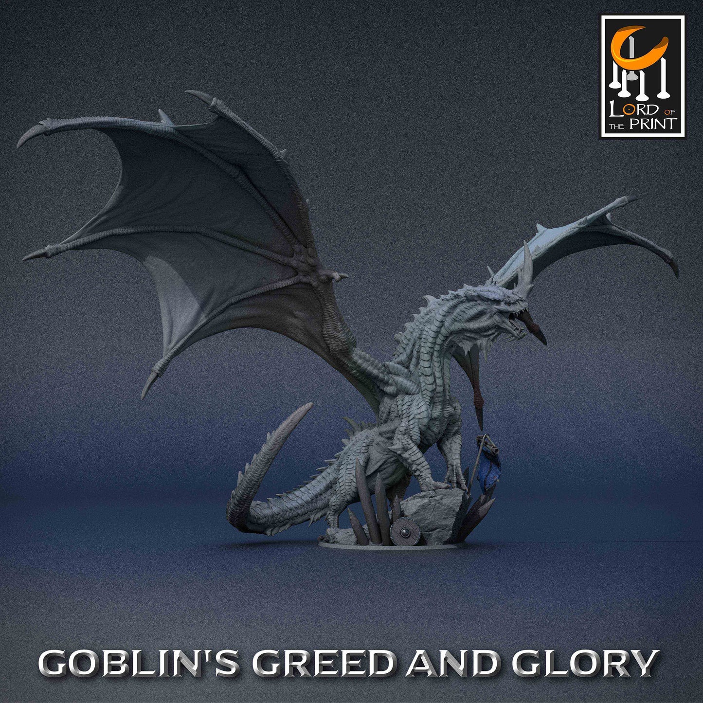 The Elder Green Dragon, a fearsome tabletop miniature, it displays intricate details, spread wings, and a roaring pose, capturing the essence of its power and dominance.
It comes with a stunning rock base adorned with wooden spikes and a banner.