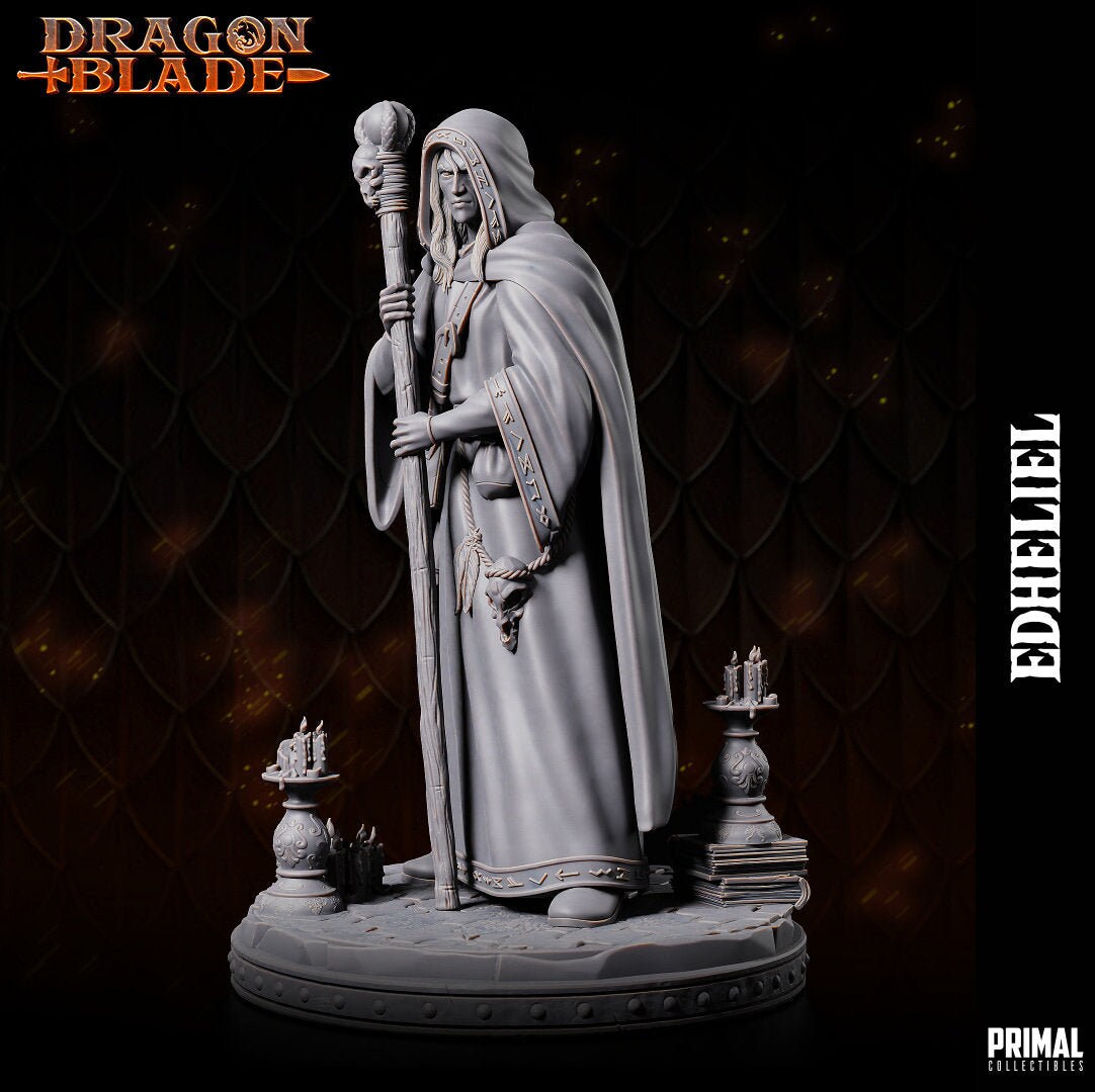 Raistlin holds a staff adorned with a clawed hand and mysterious orb, his robes bearing arcane runes underneath a hooded cloak. His intense expression mirrors his arcane mastery. The base, with books and candelabra, echoes his scholarly pursuits.