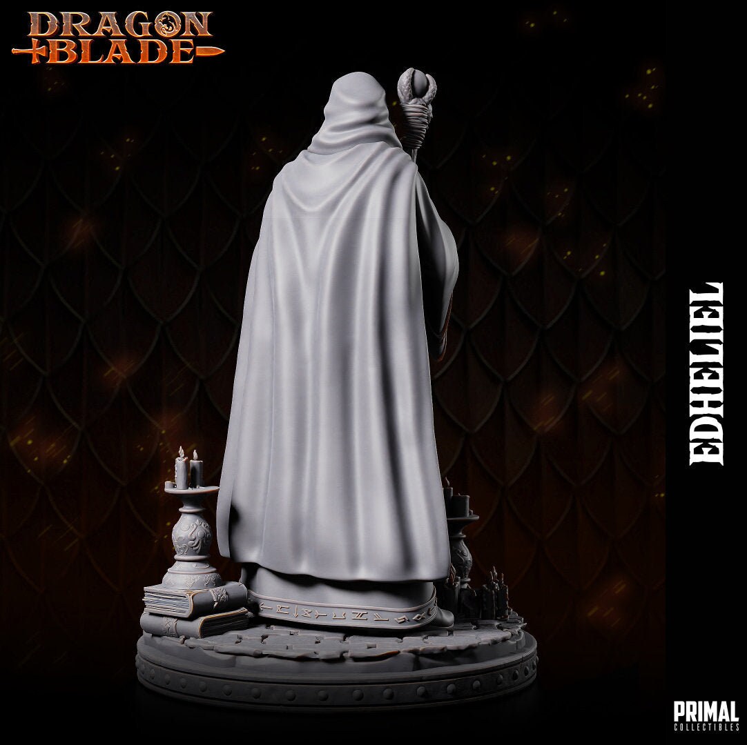 Raistlin holds a staff adorned with a clawed hand and mysterious orb, his robes bearing arcane runes underneath a hooded cloak. His intense expression mirrors his arcane mastery. The base, with books and candelabra, echoes his scholarly pursuits.