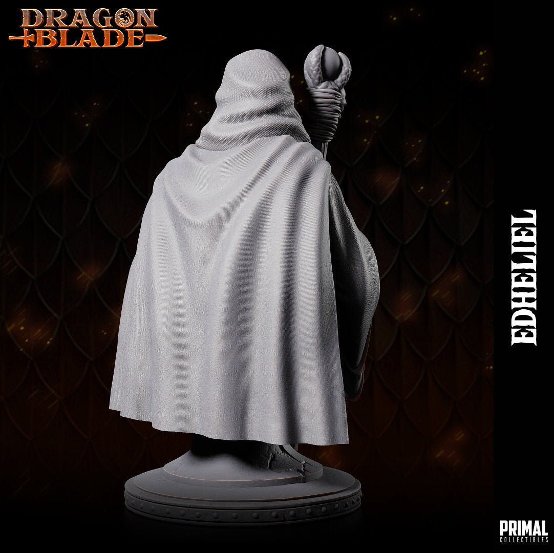 Raistlin holds a staff adorned with a clawed hand and mysterious orb, his robes bearing arcane runes underneath a hooded cloak. His intense expression mirrors his arcane mastery. The base, with books and candelabra, echoes his scholarly pursuits.