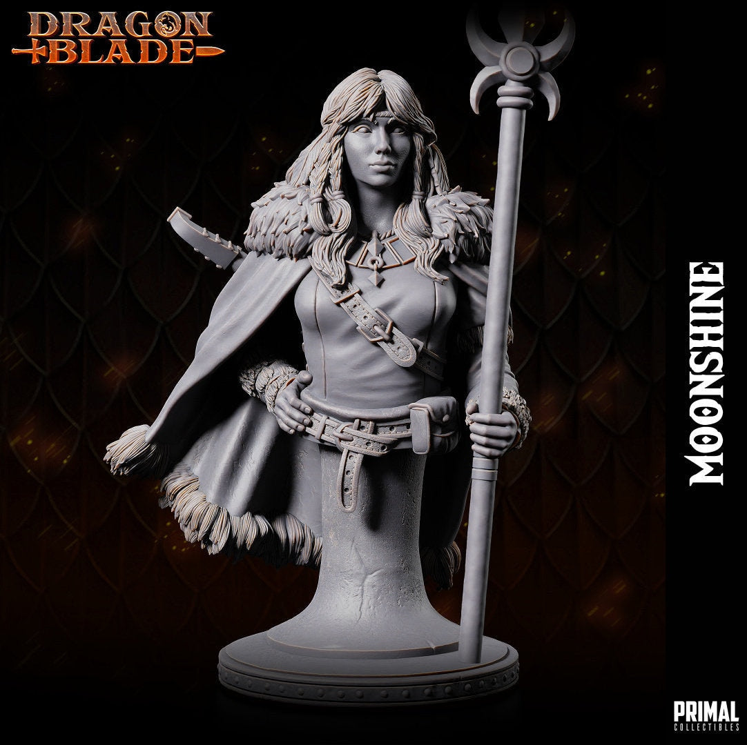With serene strength, Goldmoon stands on grassy terrain, one foot atop a rock. Her staff embodies her spirituality. Kind-eyed, hair adorned with braids and feather, a fur-lined cloak drapes her. A lute rests on her back.