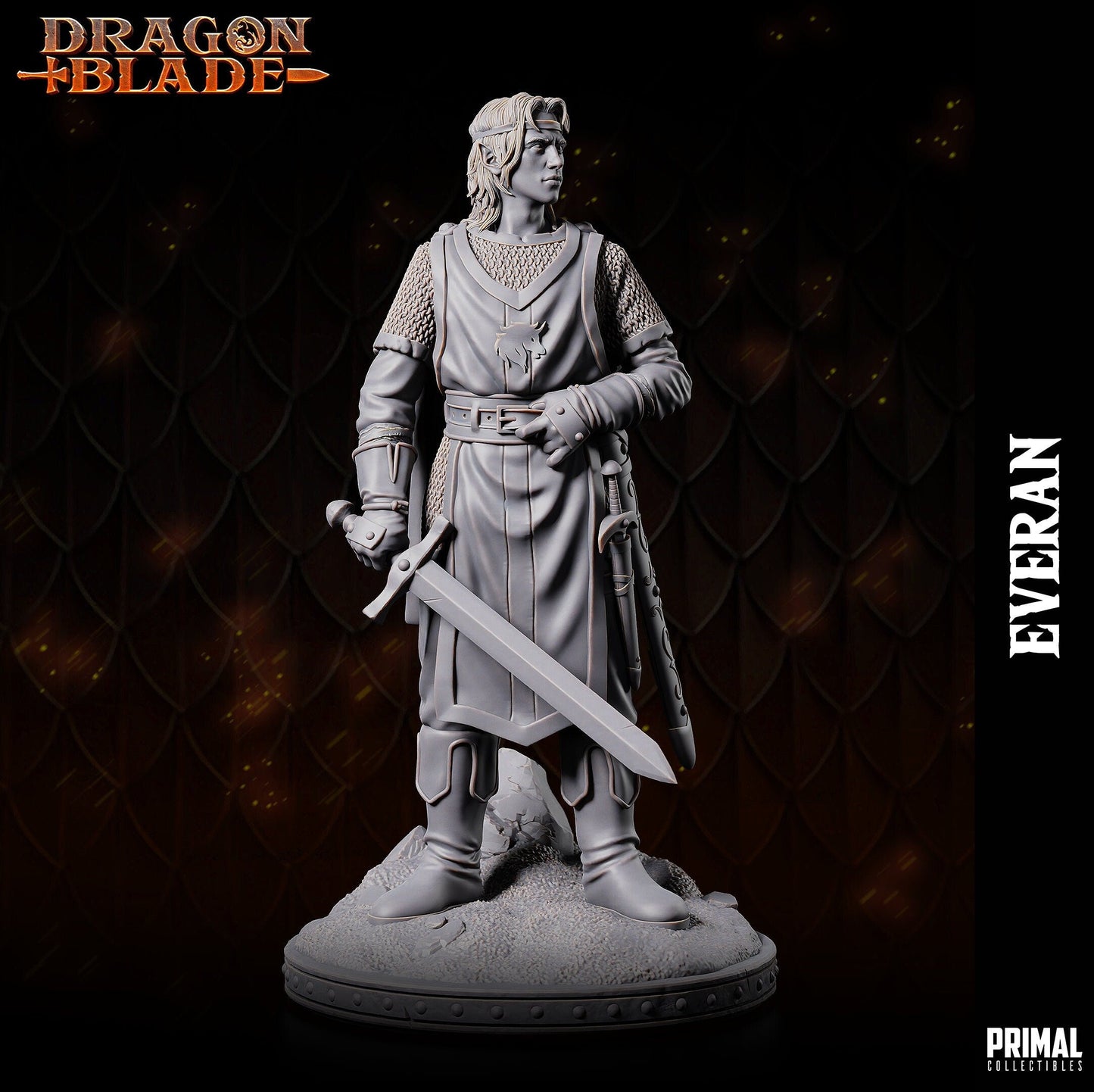 Radiating regality, Gilthanas points his shortsword down with a noble air. His simple tabard displays a unicorn insignia atop chainmail, adorned by a cloak and hood. Base features a rock on sandy terrain, mirroring his steadfast poise as a leader.