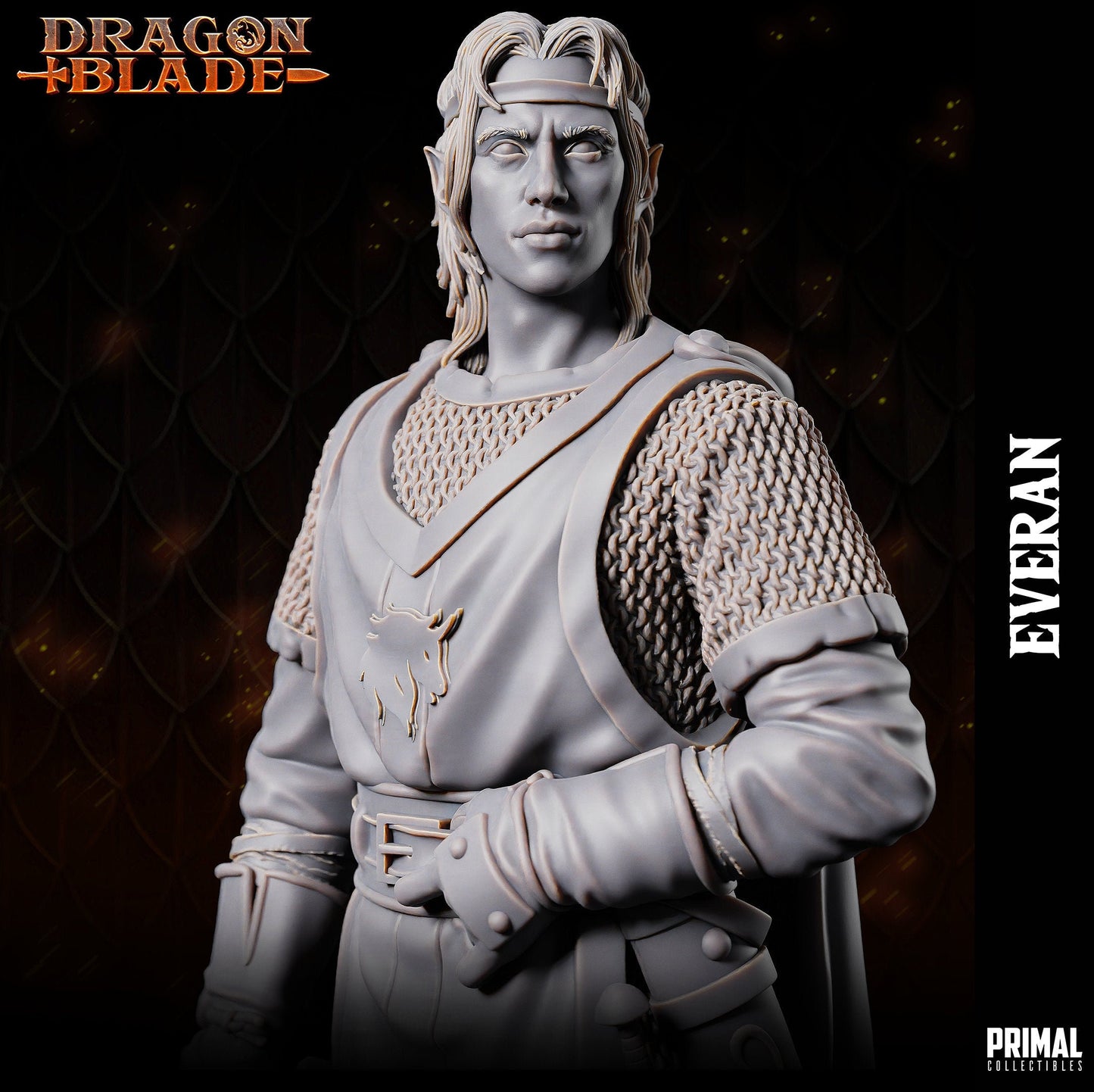 Radiating regality, Gilthanas points his shortsword down with a noble air. His simple tabard displays a unicorn insignia atop chainmail, adorned by a cloak and hood. Base features a rock on sandy terrain, mirroring his steadfast poise as a leader.