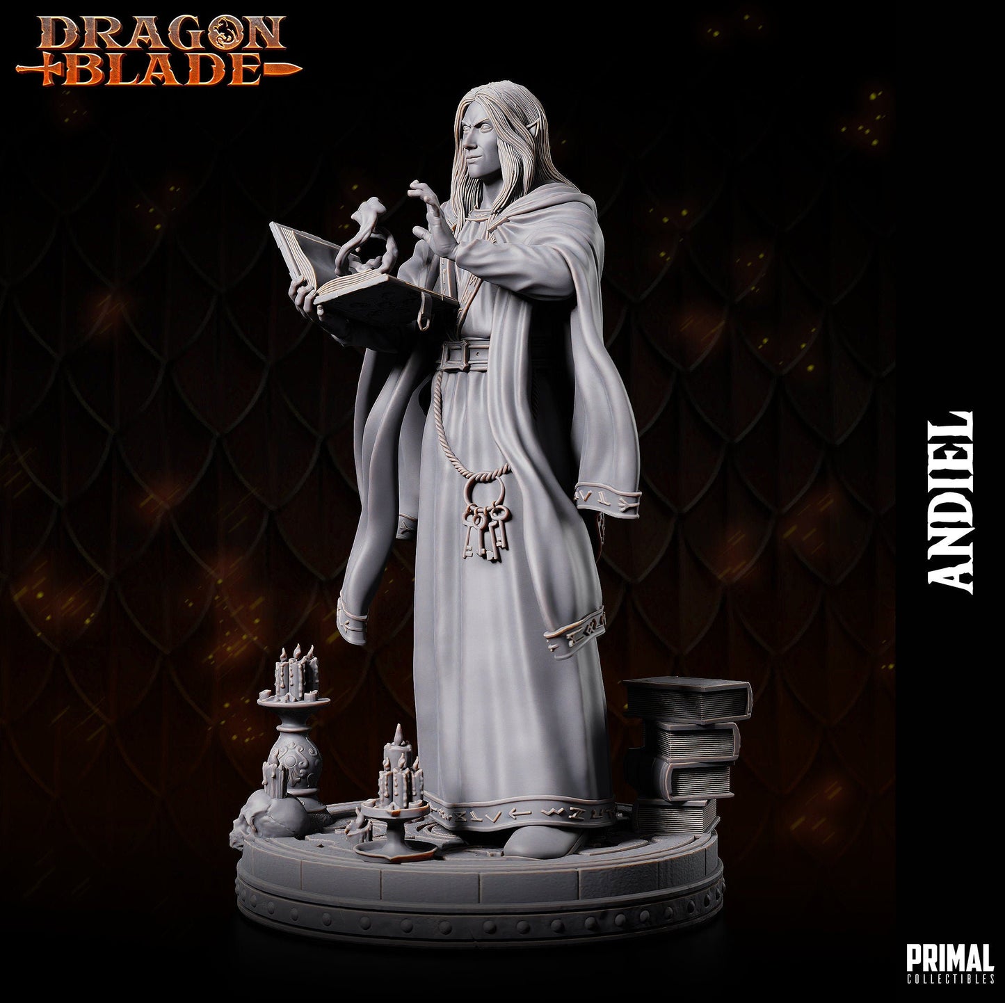 Mysterious and poised, Dalamar wields a spellbook and readies a spell, robes adorned with runes. Base holds books and candles. His gaze exudes enigmatic power, a master of mystic arts, commanding respect among allies.
