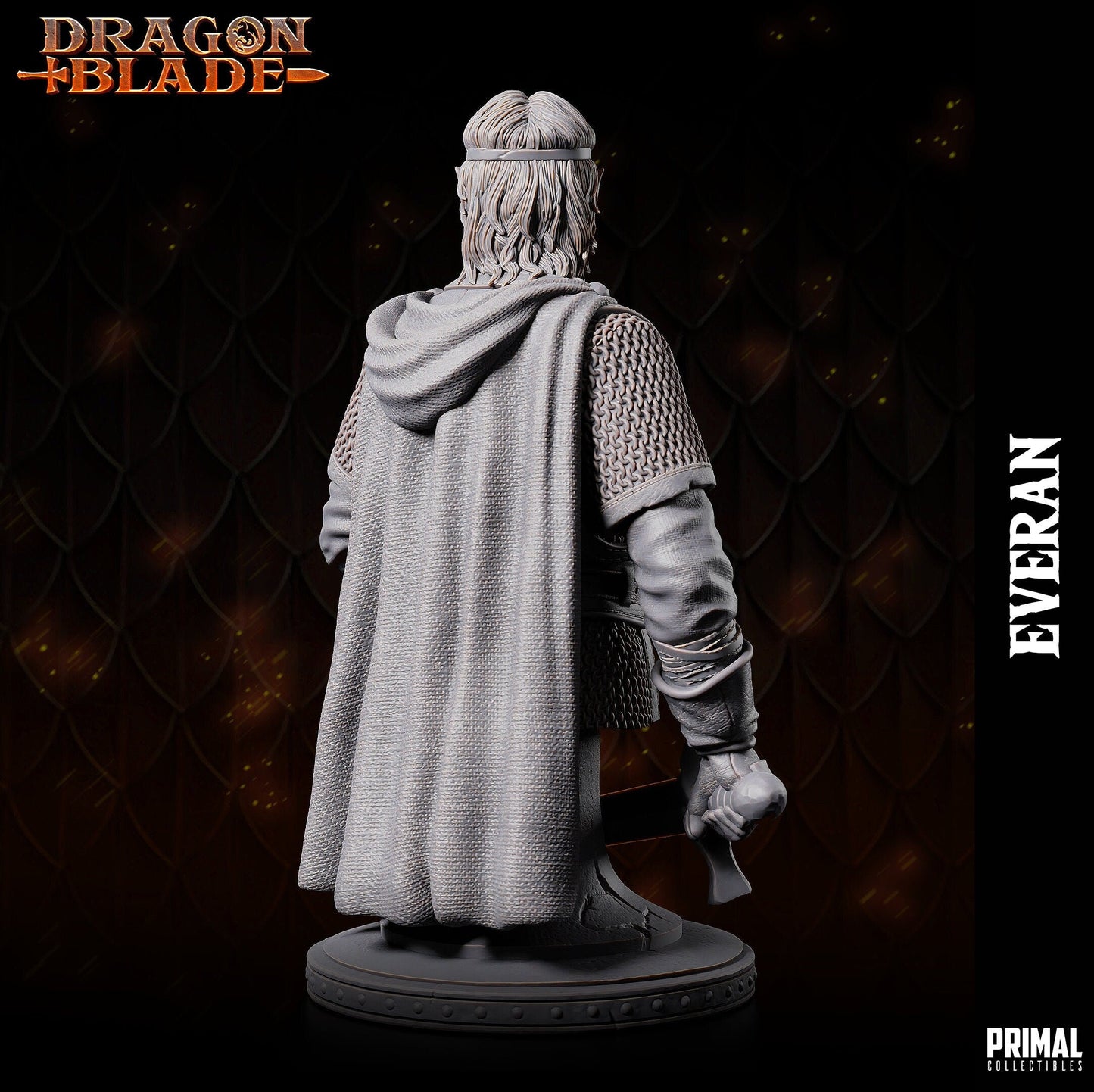 Radiating regality, Gilthanas points his shortsword down with a noble air. His simple tabard displays a unicorn insignia atop chainmail, adorned by a cloak and hood. Base features a rock on sandy terrain, mirroring his steadfast poise as a leader.
