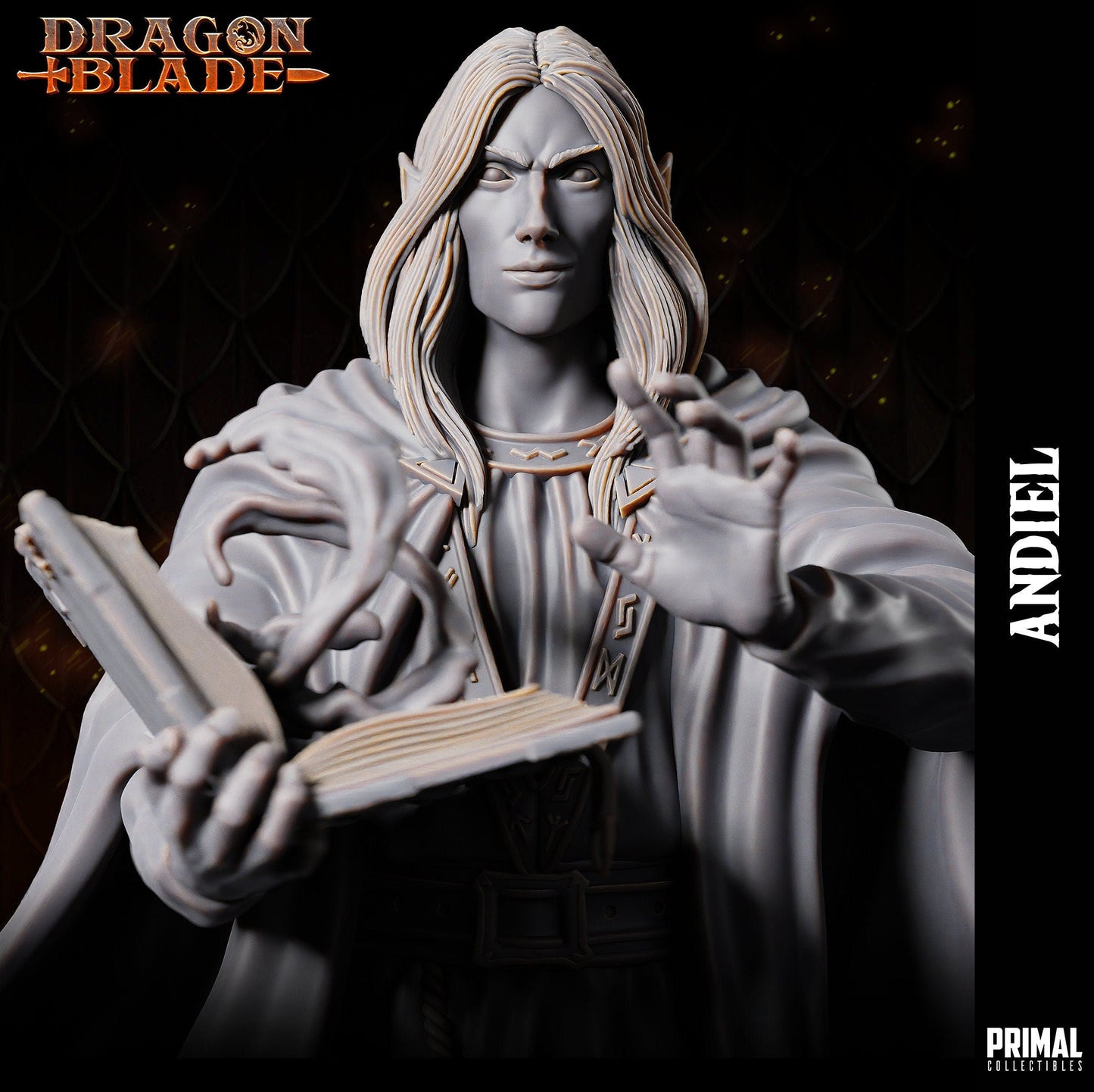 Mysterious and poised, Dalamar wields a spellbook and readies a spell, robes adorned with runes. Base holds books and candles. His gaze exudes enigmatic power, a master of mystic arts, commanding respect among allies.