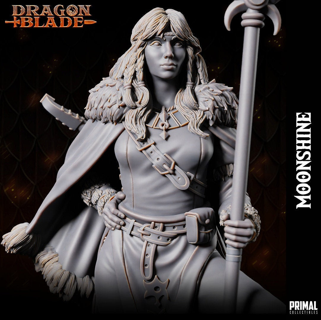 With serene strength, Goldmoon stands on grassy terrain, one foot atop a rock. Her staff embodies her spirituality. Kind-eyed, hair adorned with braids and feather, a fur-lined cloak drapes her. A lute rests on her back.