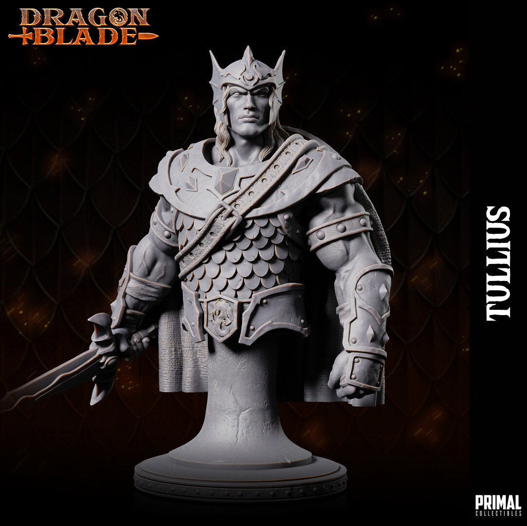 Sturm Brightblade, the embodiment of valor. Clad in ornate scale mail armor with a spiked vambrace, he holds his sword ready and wears a finned helmet. A dragon-buckled belt and heavy horned dragon shield complete his noble appearance.
