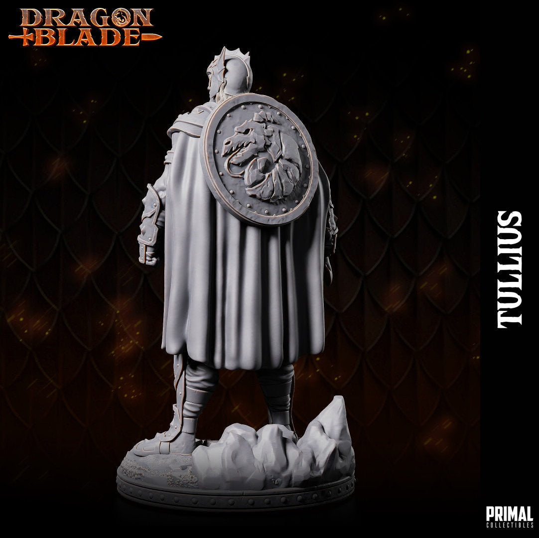 Sturm Brightblade, the embodiment of valor. Clad in ornate scale mail armor with a spiked vambrace, he holds his sword ready and wears a finned helmet. A dragon-buckled belt and heavy horned dragon shield complete his noble appearance.