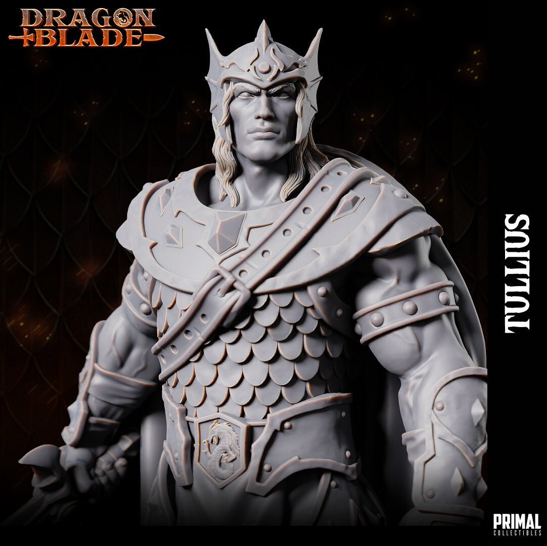 Sturm Brightblade, the embodiment of valor. Clad in ornate scale mail armor with a spiked vambrace, he holds his sword ready and wears a finned helmet. A dragon-buckled belt and heavy horned dragon shield complete his noble appearance.