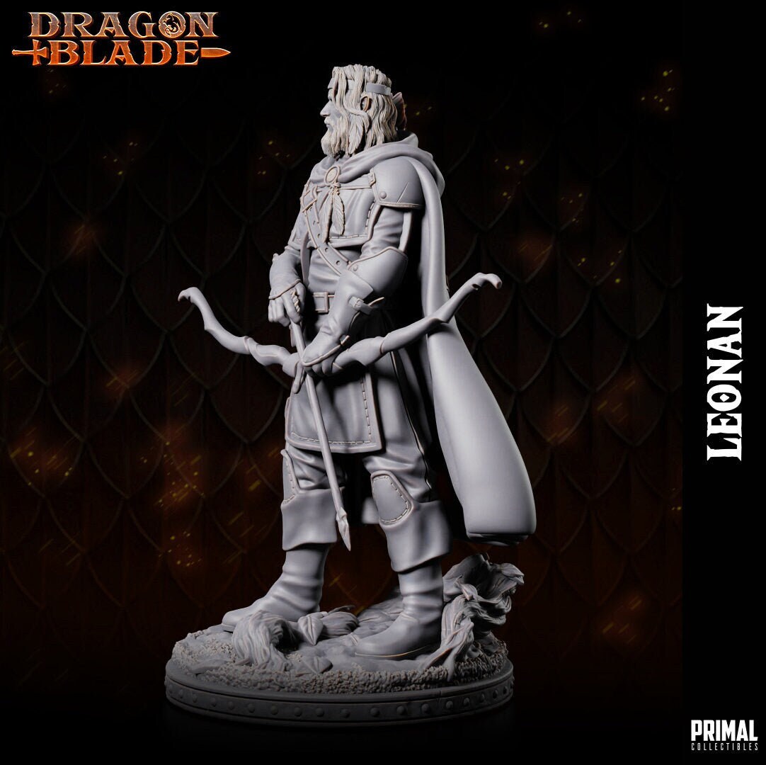 With an arrow drawn on his bow, Tanis Half-Elven exudes calm confidence. His simple leather armor and hooded cloak give him a rugged charm. A scar above his left eye adds to his story, while his base features a gnarled root in a gravel setting.