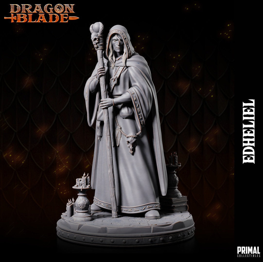 Raistlin holds a staff adorned with a clawed hand and mysterious orb, his robes bearing arcane runes underneath a hooded cloak. His intense expression mirrors his arcane mastery. The base, with books and candelabra, echoes his scholarly pursuits.