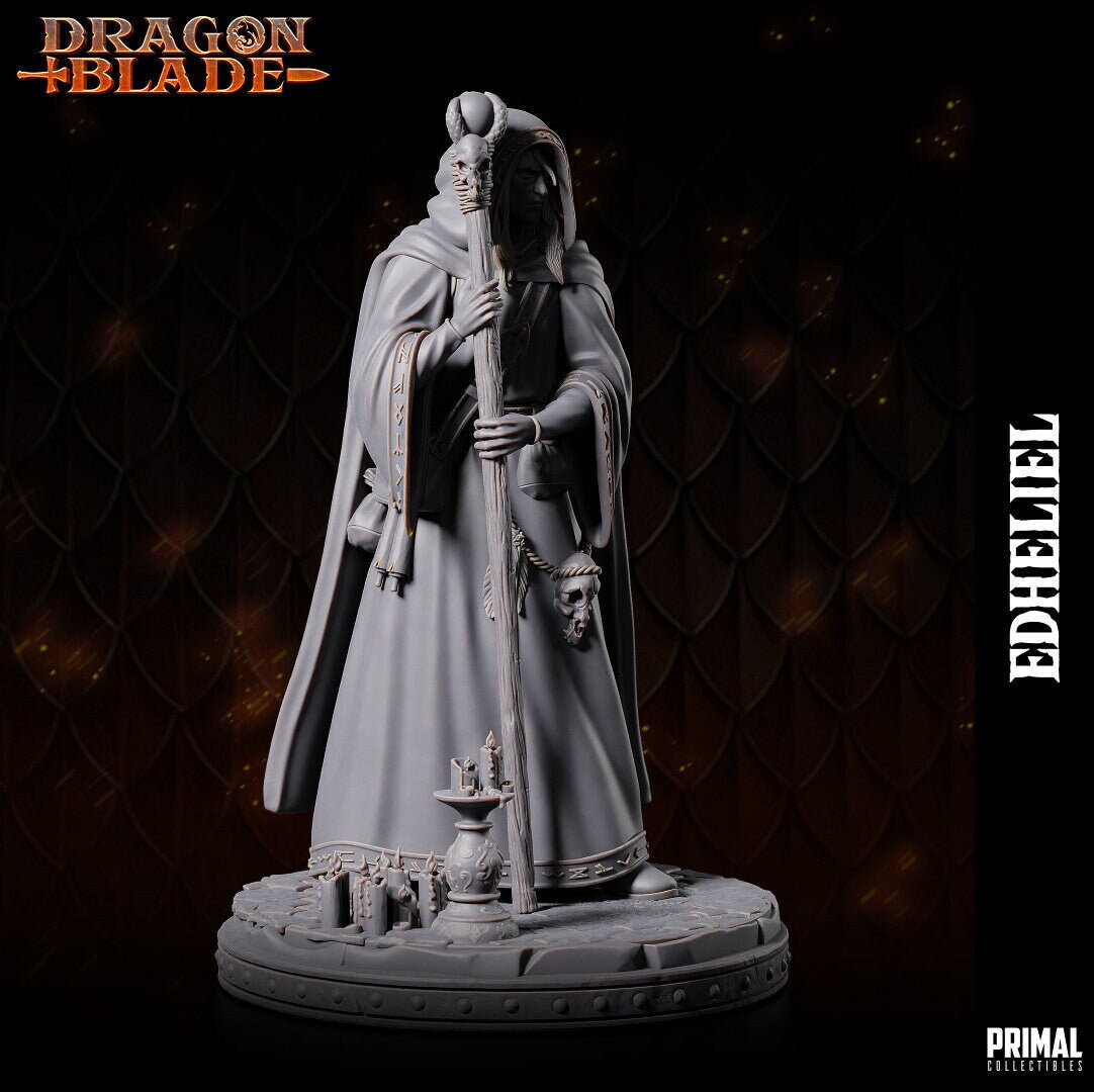 Raistlin holds a staff adorned with a clawed hand and mysterious orb, his robes bearing arcane runes underneath a hooded cloak. His intense expression mirrors his arcane mastery. The base, with books and candelabra, echoes his scholarly pursuits.