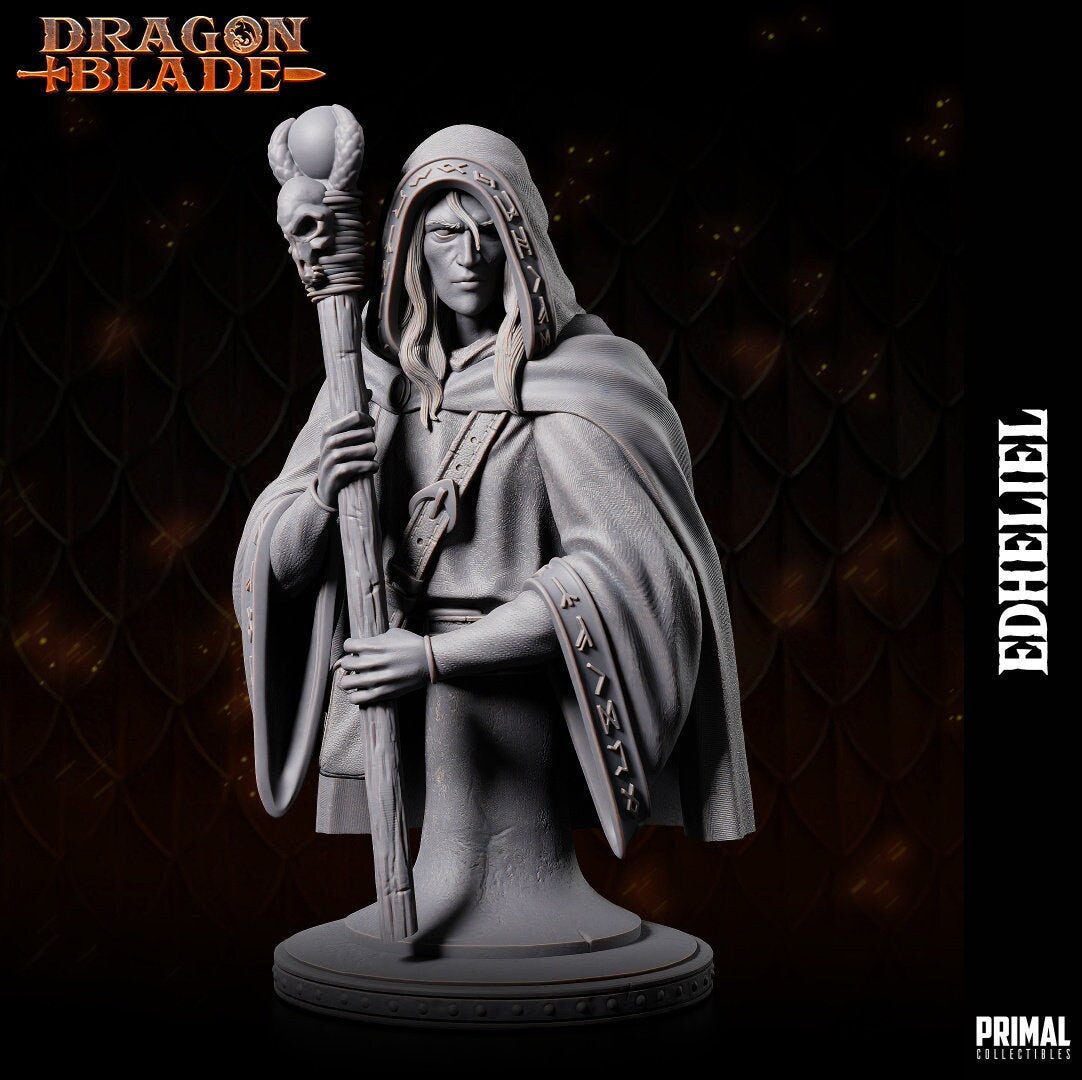 Raistlin holds a staff adorned with a clawed hand and mysterious orb, his robes bearing arcane runes underneath a hooded cloak. His intense expression mirrors his arcane mastery. The base, with books and candelabra, echoes his scholarly pursuits.