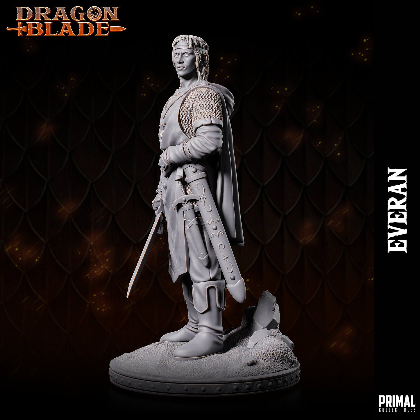 Radiating regality, Gilthanas points his shortsword down with a noble air. His simple tabard displays a unicorn insignia atop chainmail, adorned by a cloak and hood. Base features a rock on sandy terrain, mirroring his steadfast poise as a leader.