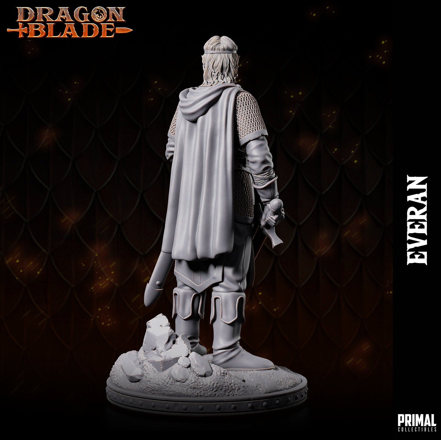 Radiating regality, Gilthanas points his shortsword down with a noble air. His simple tabard displays a unicorn insignia atop chainmail, adorned by a cloak and hood. Base features a rock on sandy terrain, mirroring his steadfast poise as a leader.