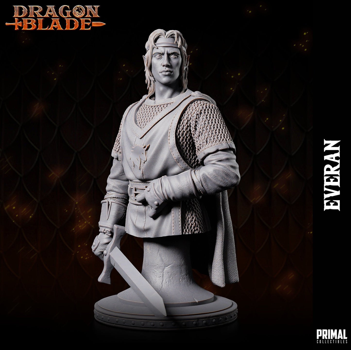 Radiating regality, Gilthanas points his shortsword down with a noble air. His simple tabard displays a unicorn insignia atop chainmail, adorned by a cloak and hood. Base features a rock on sandy terrain, mirroring his steadfast poise as a leader.