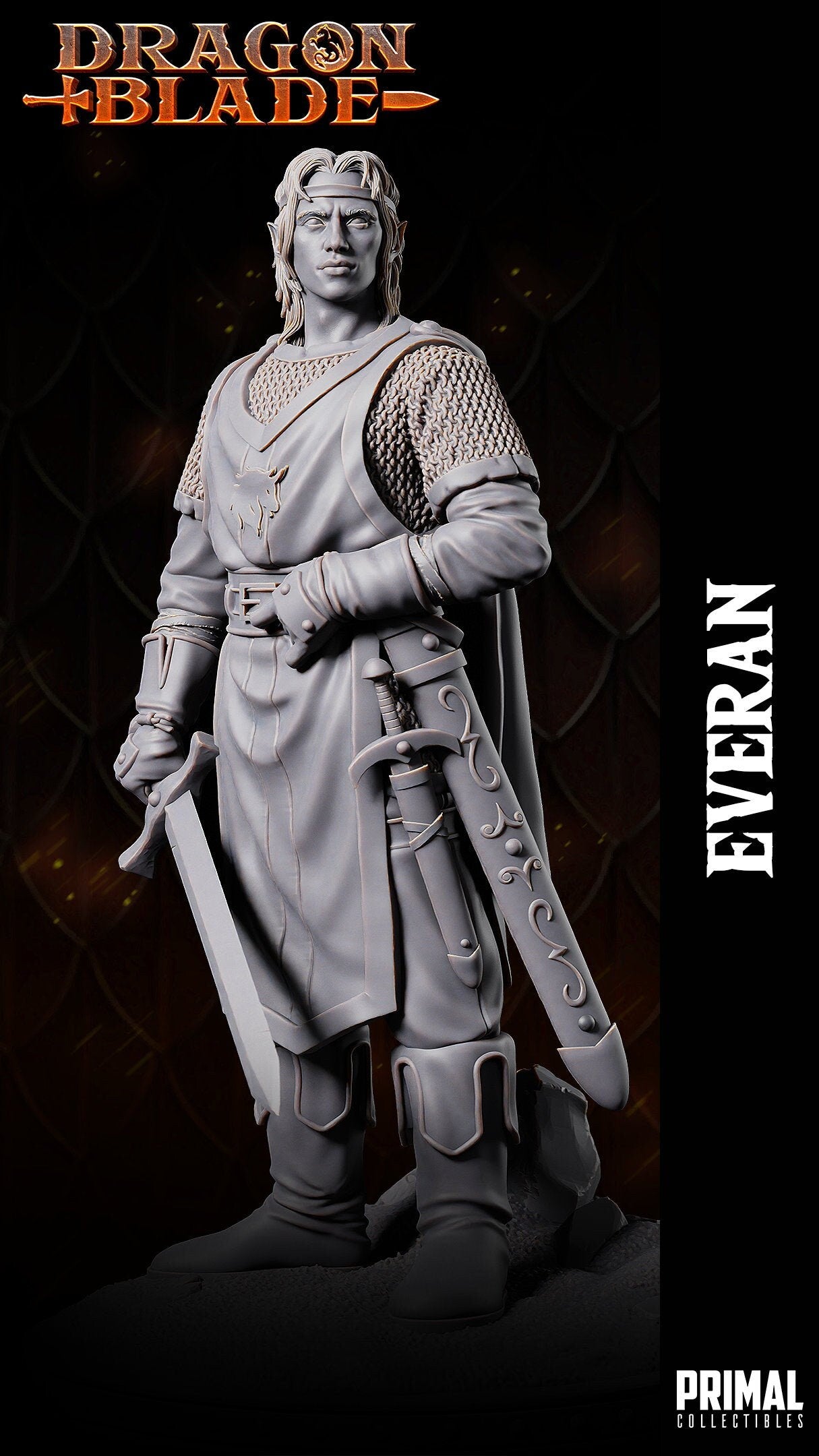Radiating regality, Gilthanas points his shortsword down with a noble air. His simple tabard displays a unicorn insignia atop chainmail, adorned by a cloak and hood. Base features a rock on sandy terrain, mirroring his steadfast poise as a leader.