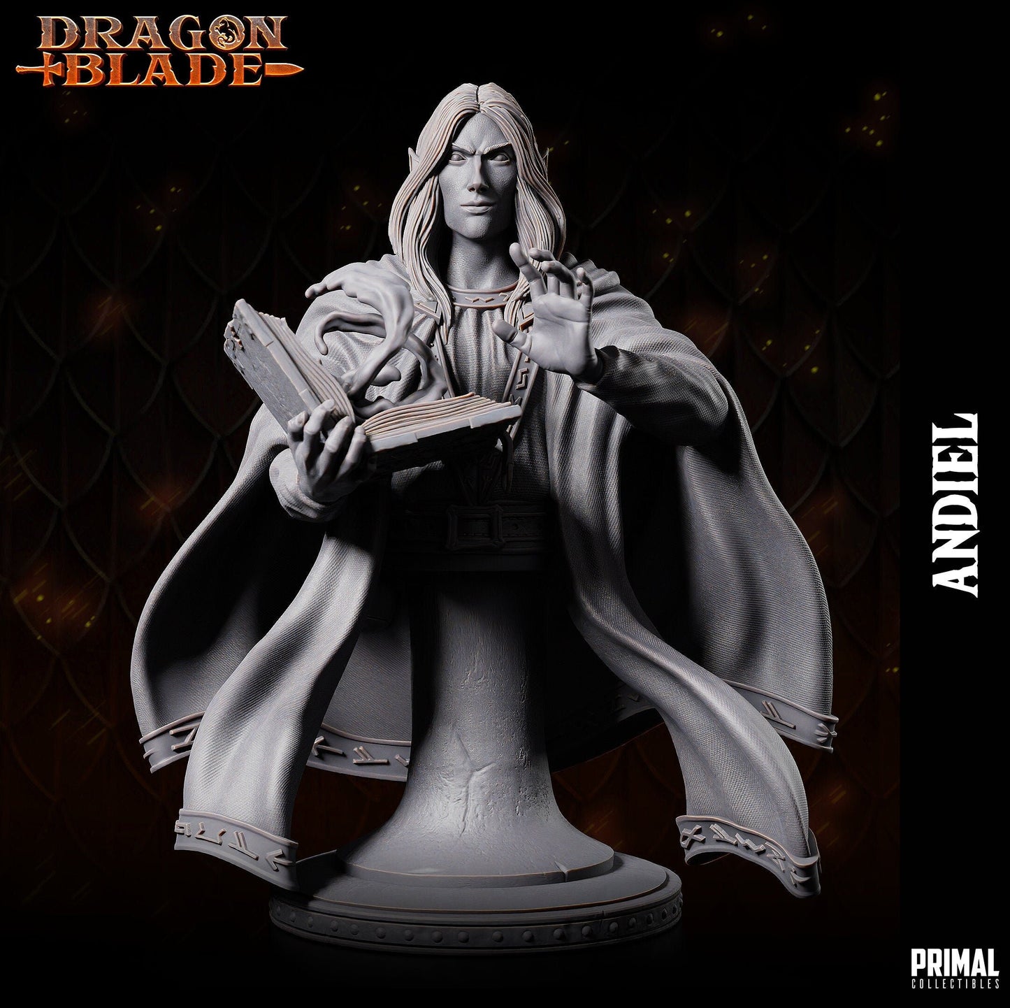 Mysterious and poised, Dalamar wields a spellbook and readies a spell, robes adorned with runes. Base holds books and candles. His gaze exudes enigmatic power, a master of mystic arts, commanding respect among allies.