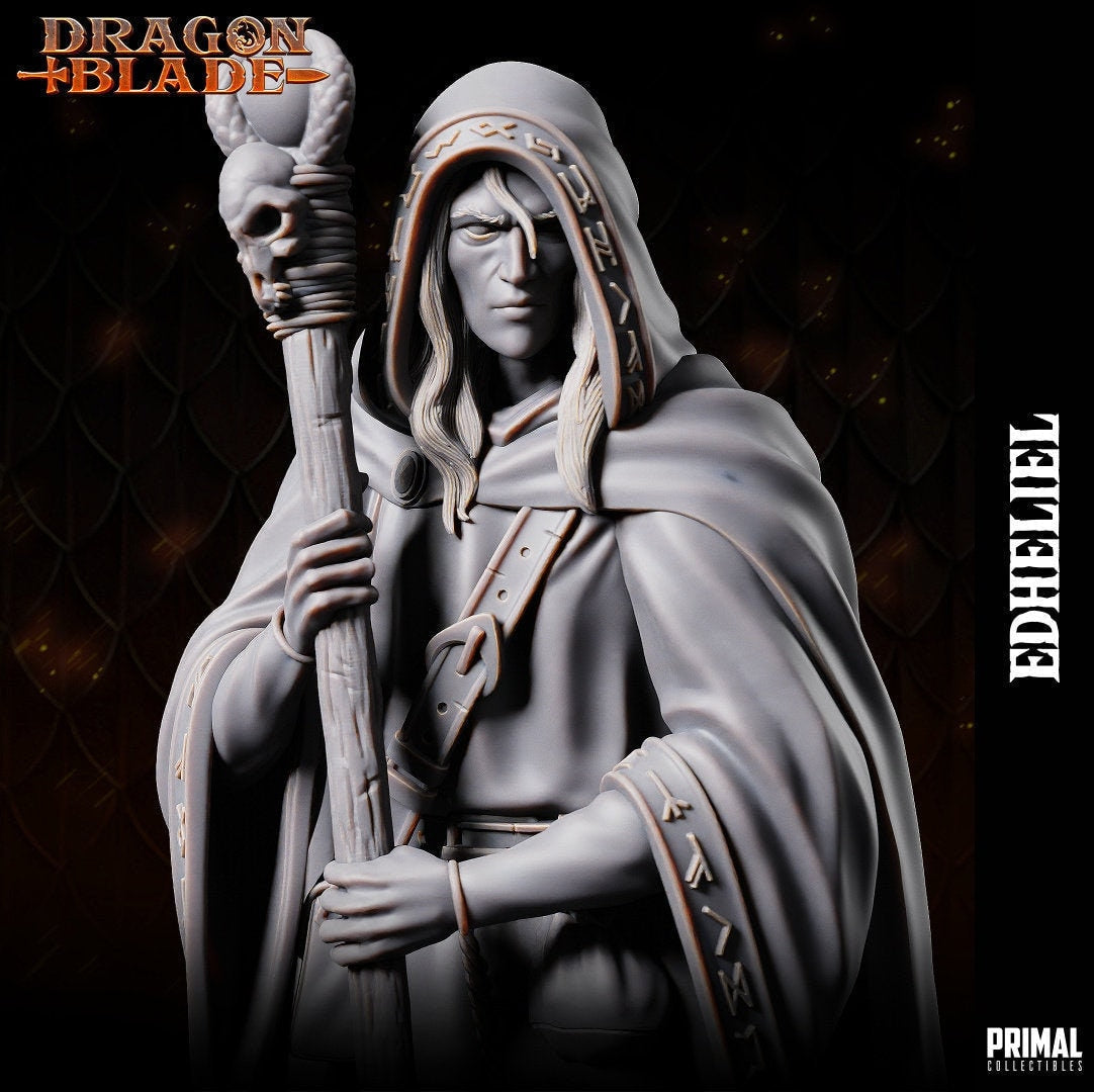 Raistlin holds a staff adorned with a clawed hand and mysterious orb, his robes bearing arcane runes underneath a hooded cloak. His intense expression mirrors his arcane mastery. The base, with books and candelabra, echoes his scholarly pursuits.