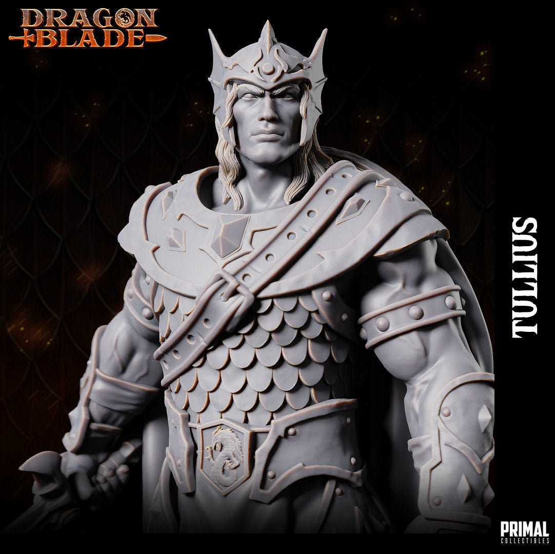 Sturm Brightblade, the embodiment of valor. Clad in ornate scale mail armor with a spiked vambrace, he holds his sword ready and wears a finned helmet. A dragon-buckled belt and heavy horned dragon shield complete his noble appearance.
