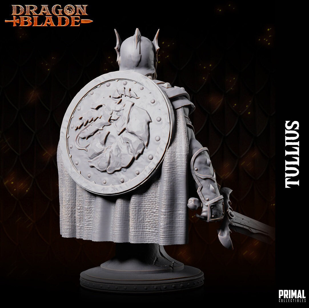 Sturm Brightblade, the embodiment of valor. Clad in ornate scale mail armor with a spiked vambrace, he holds his sword ready and wears a finned helmet. A dragon-buckled belt and heavy horned dragon shield complete his noble appearance.