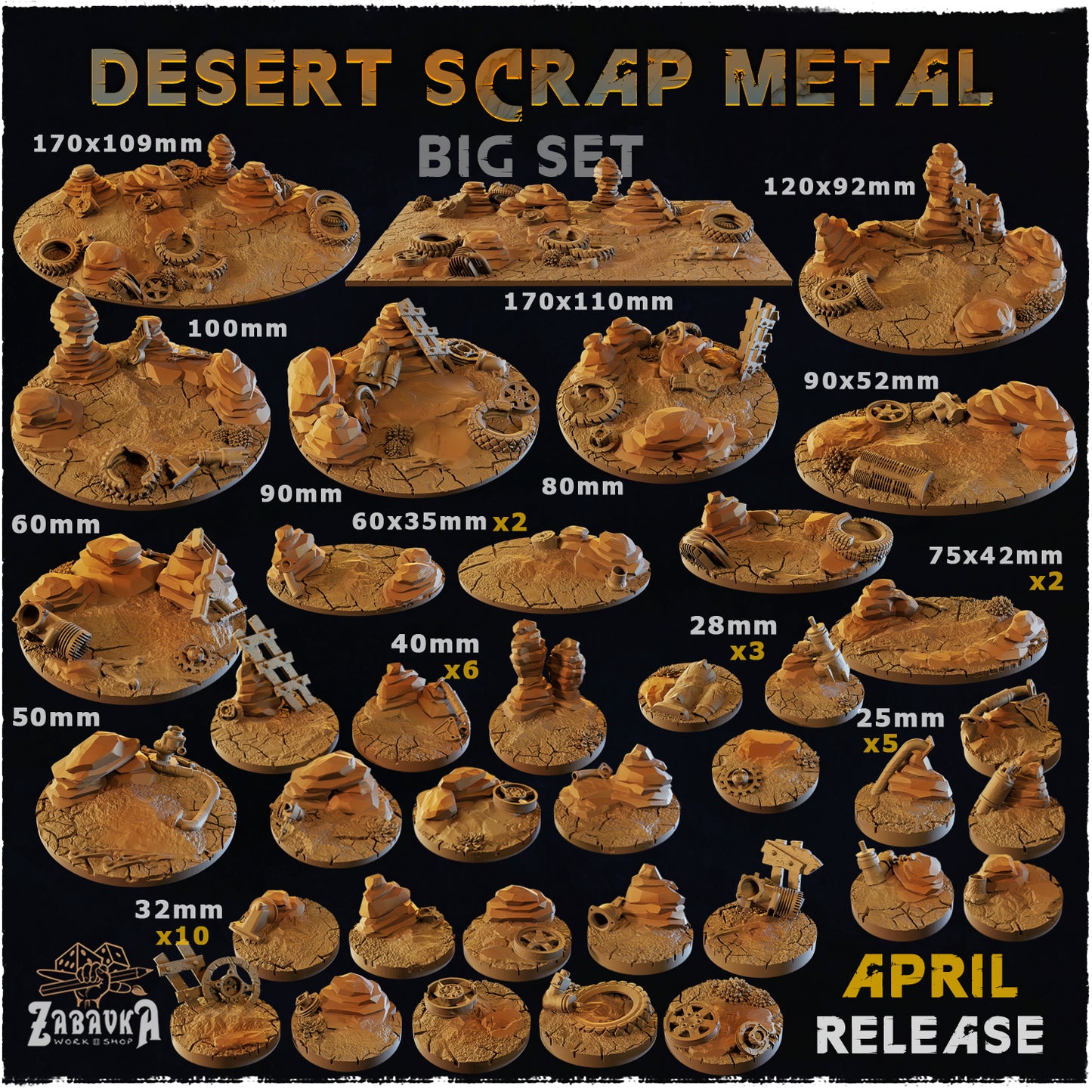 BASES - Desert Scrap Metal - themed bases for wargames and tabletop - thirteen sizes available by zabavka workshop