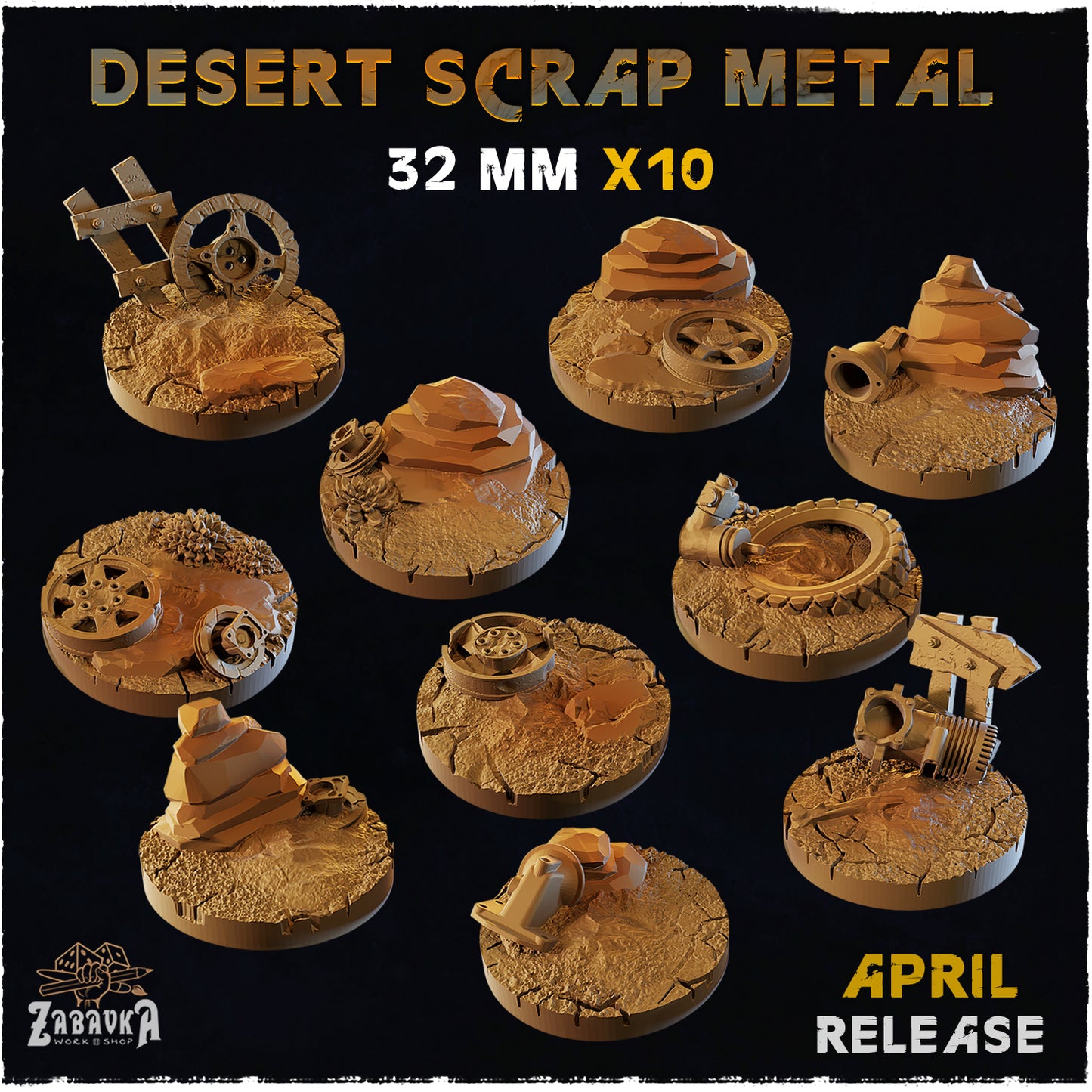 BASES - Desert Scrap Metal - themed bases for wargames and tabletop - thirteen sizes available by zabavka workshop