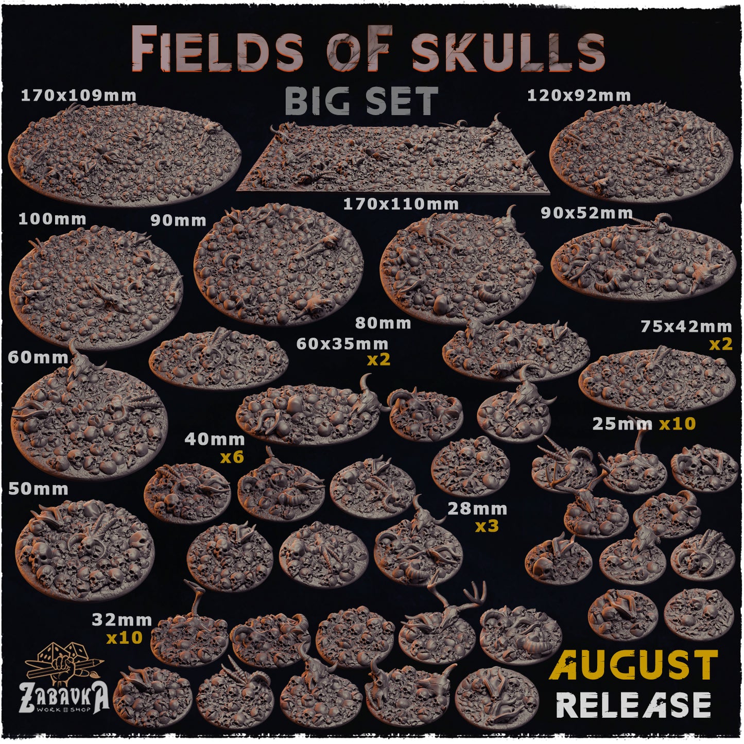BASES - Field of Skulls- themed grim dark bases for wargames and tabletop thirteen sizes available by zabavka workshop