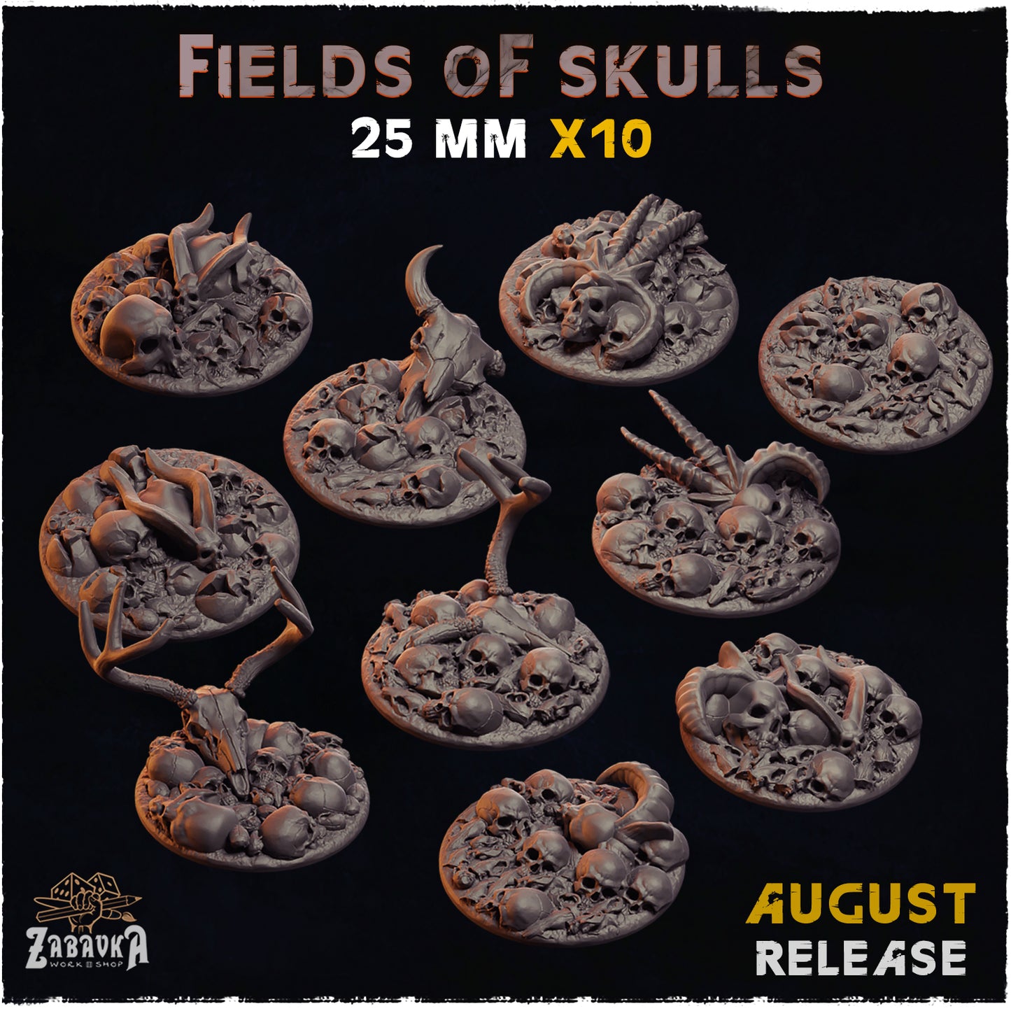 BASES - Field of Skulls- themed grim dark bases for wargames and tabletop thirteen sizes available by zabavka workshop