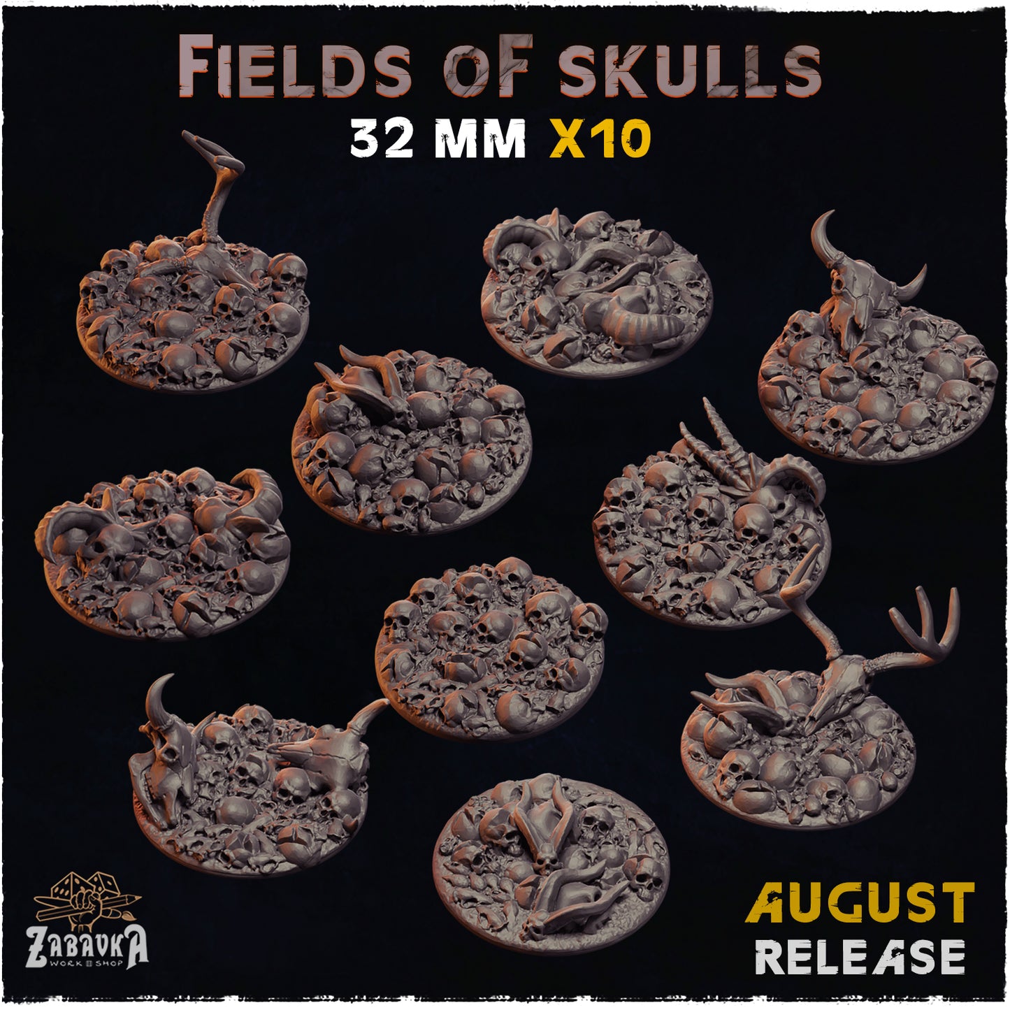 BASES - Field of Skulls- themed grim dark bases for wargames and tabletop thirteen sizes available by zabavka workshop