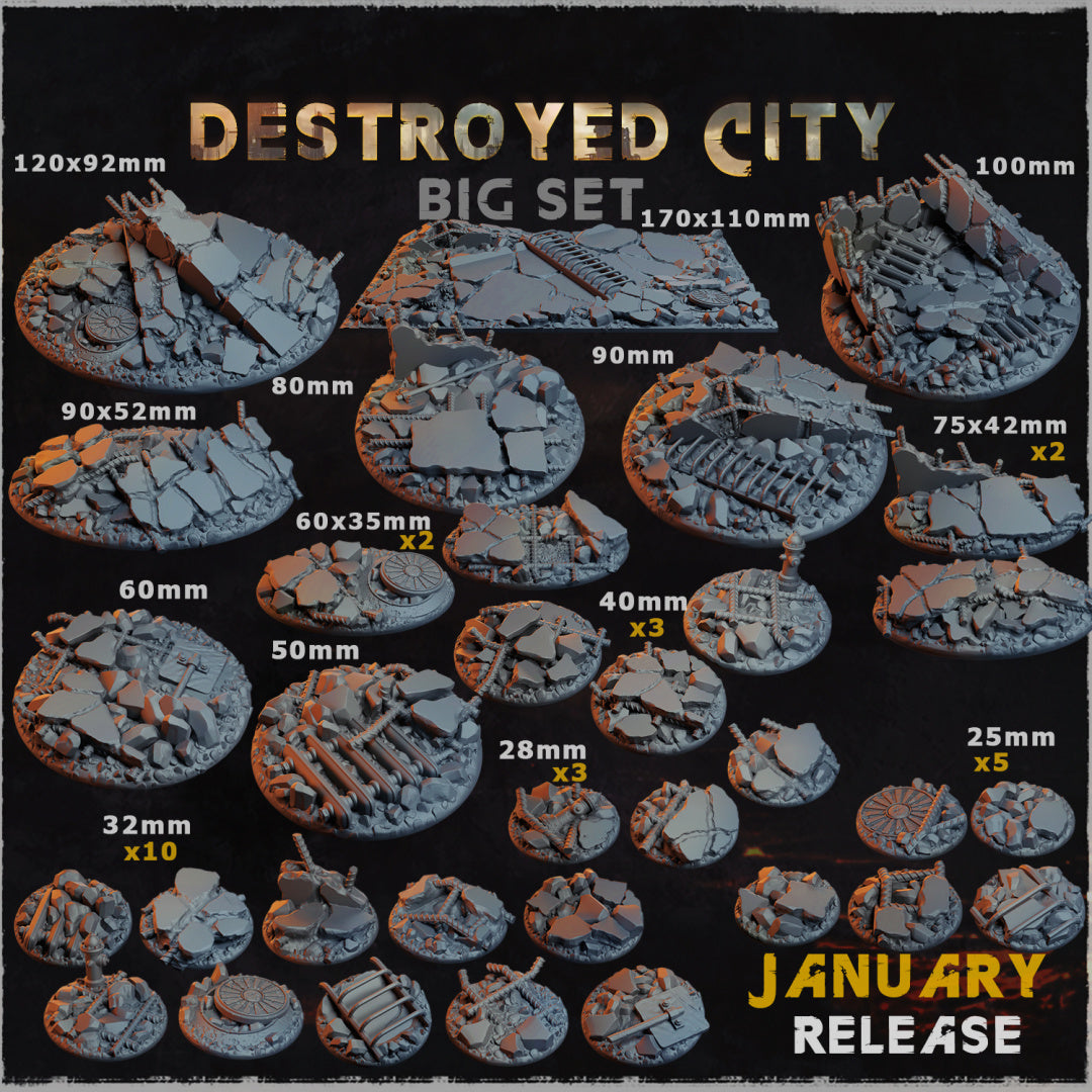 BASES - Destroyed CITY themed bases for wargames and tabletop - thirteen sizes available by zabavka workshop