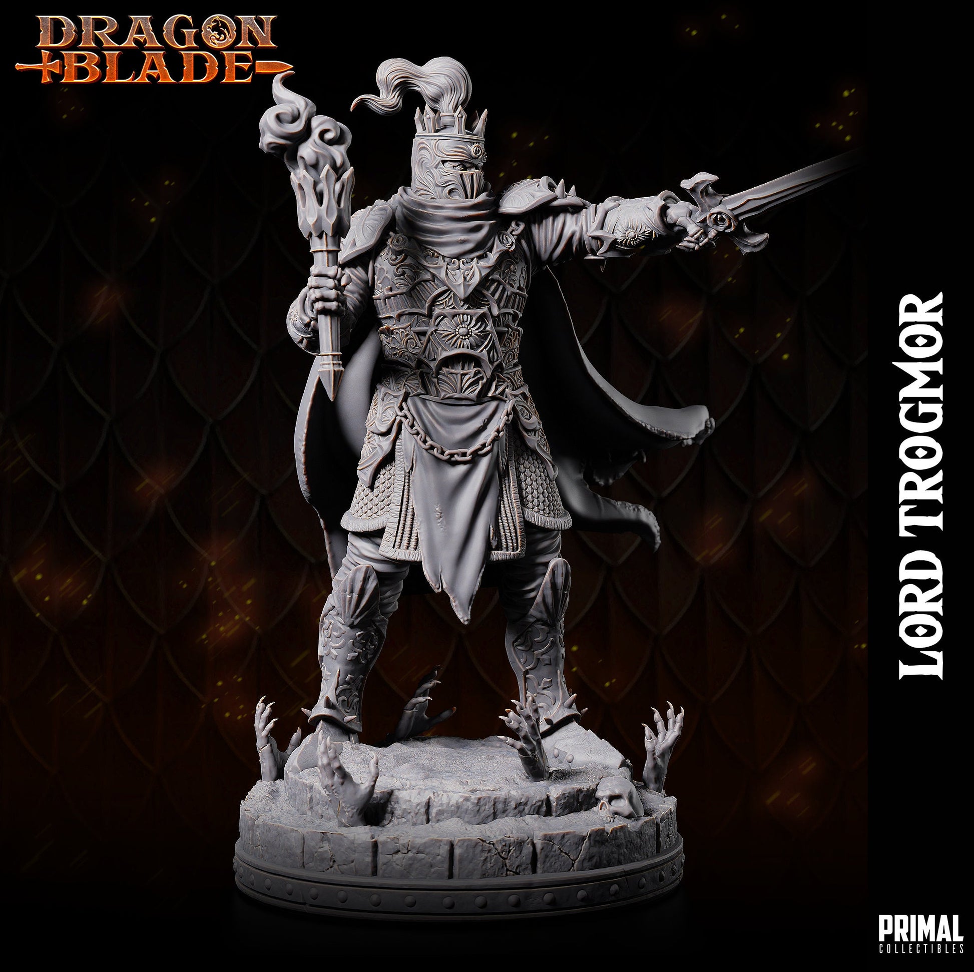 Lord Soth, a Death Knight. Wearing elaborate filigree plate armour. Holding a torch in one hand and pointing with his sword in the other. His flowing cape billows he stands amidst a base where demonic hands erupt from the floor along a lone skull.