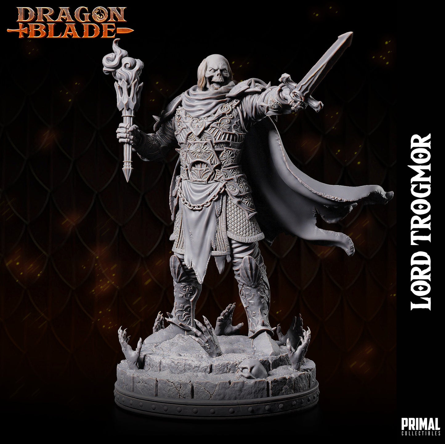 Lord Soth, a Death Knight. Wearing elaborate filigree plate armour. Holding a torch in one hand and pointing with his sword in the other. His flowing cape billows he stands amidst a base where demonic hands erupt from the floor along a lone skull.
